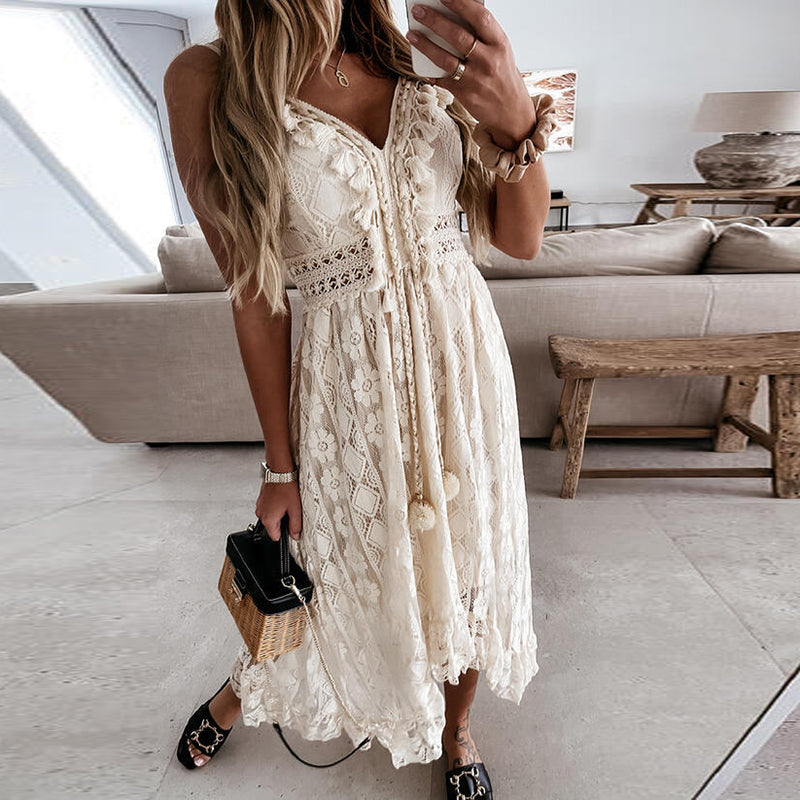 Lace Crochet Deep V-Neck Pom Pom Tie Tiered Maxi Dress