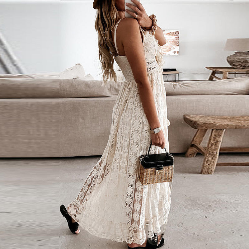 Lace Crochet Deep V-Neck Pom Pom Tie Tiered Maxi Dress