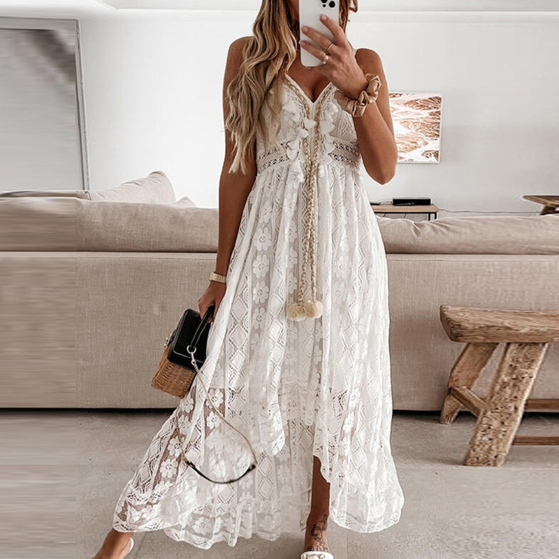 Lace Crochet Deep V-Neck Pom Tie Tiered Maxi Dress