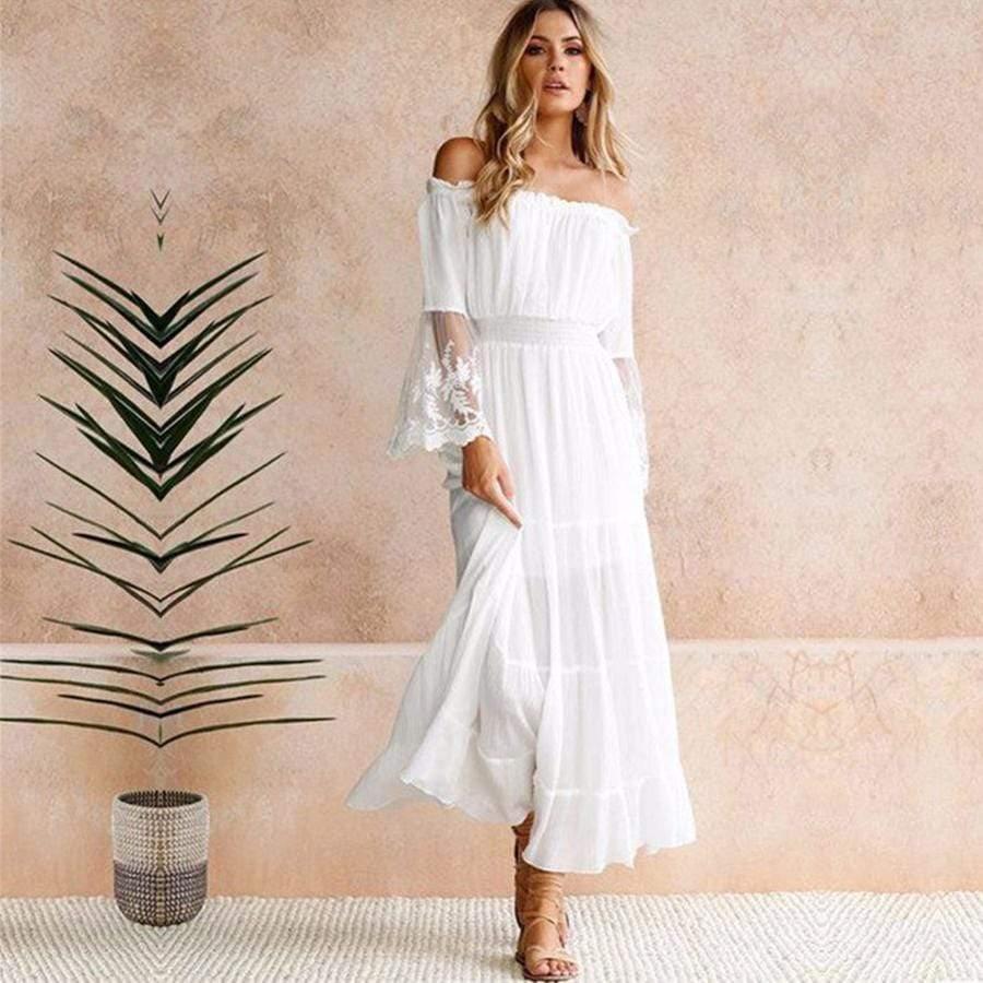 Off Shoulder Lace Bell Sleeve Tiered Maxi Dress