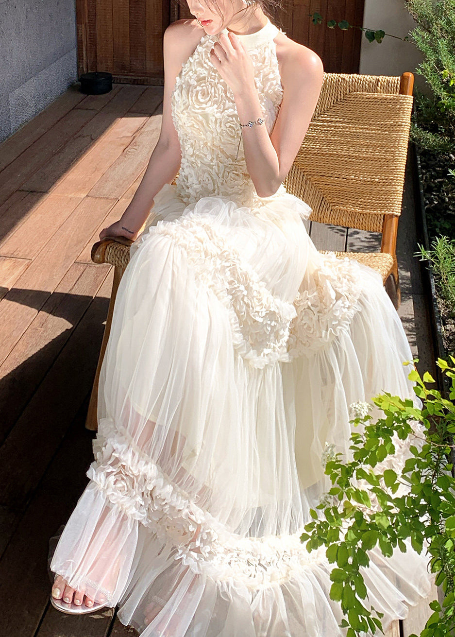 Off Shoulder Tulle Floral Maxi Dress