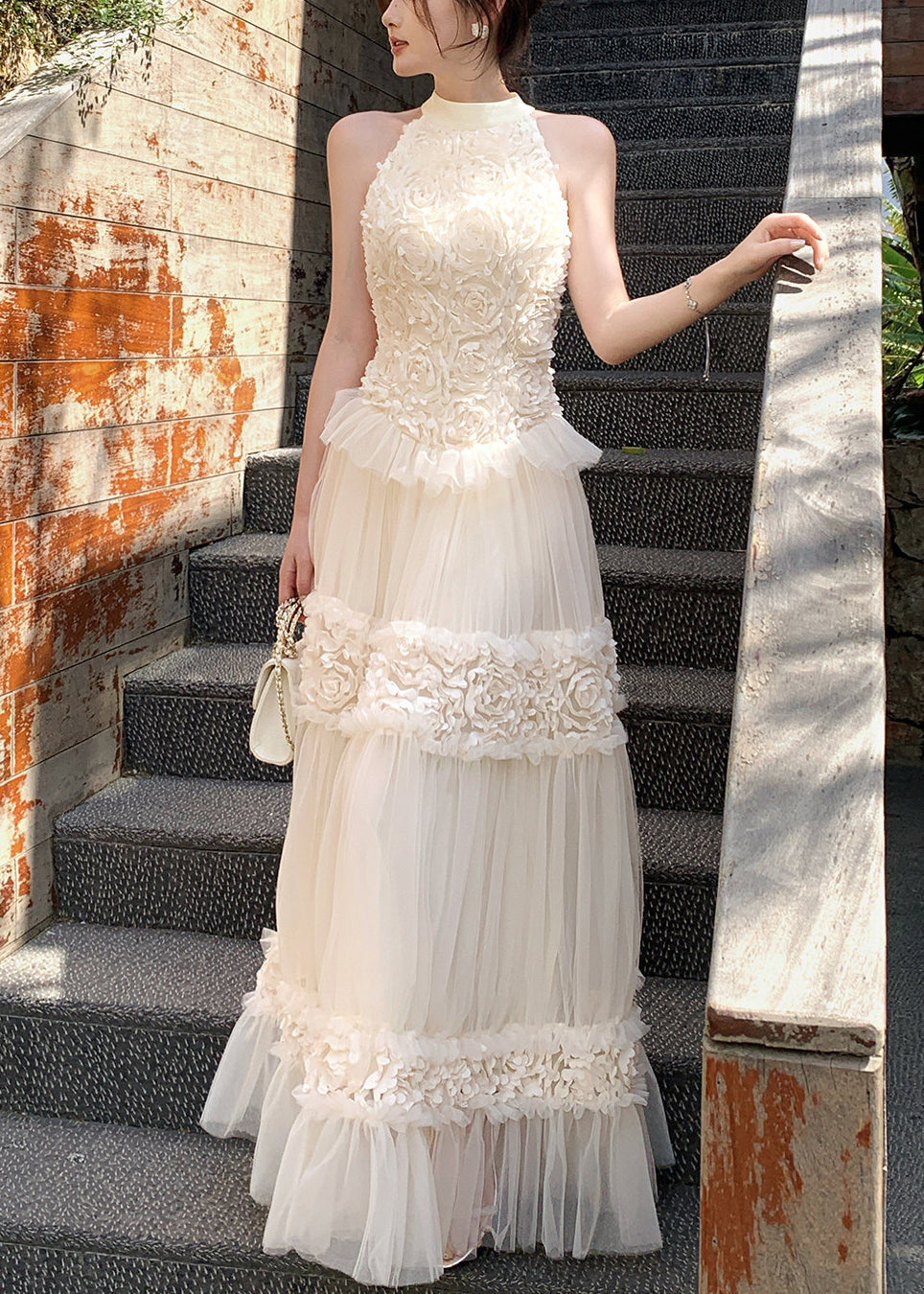 Off Shoulder Tulle Floral Maxi Dress