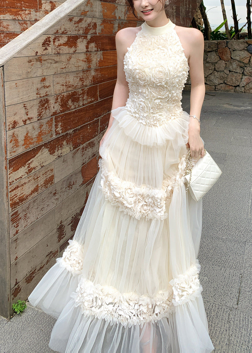 Off Shoulder Tulle Floral Maxi Dress