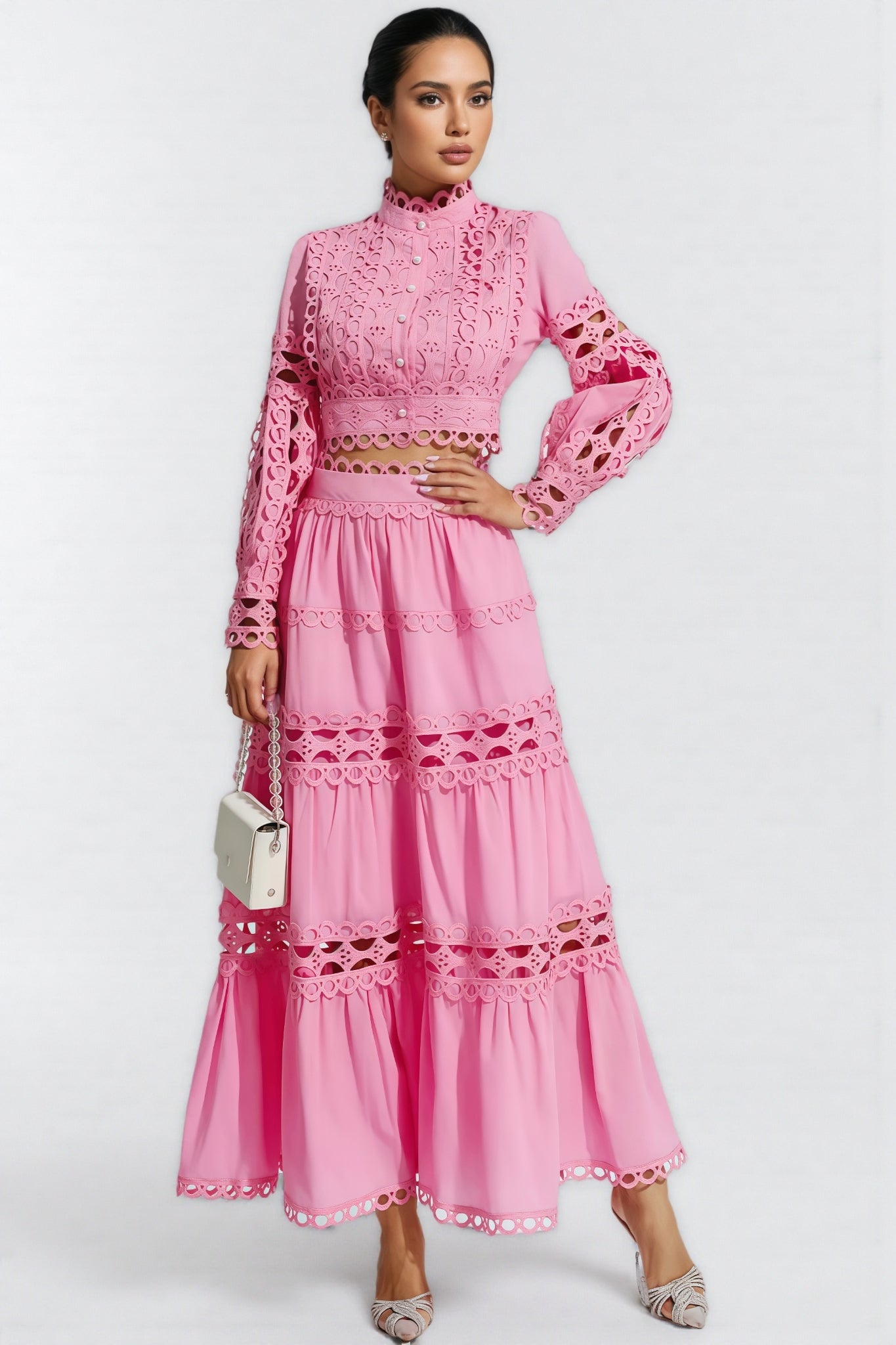 Kyrag Pink Lace Hollow Maxi Dress Set - View 4