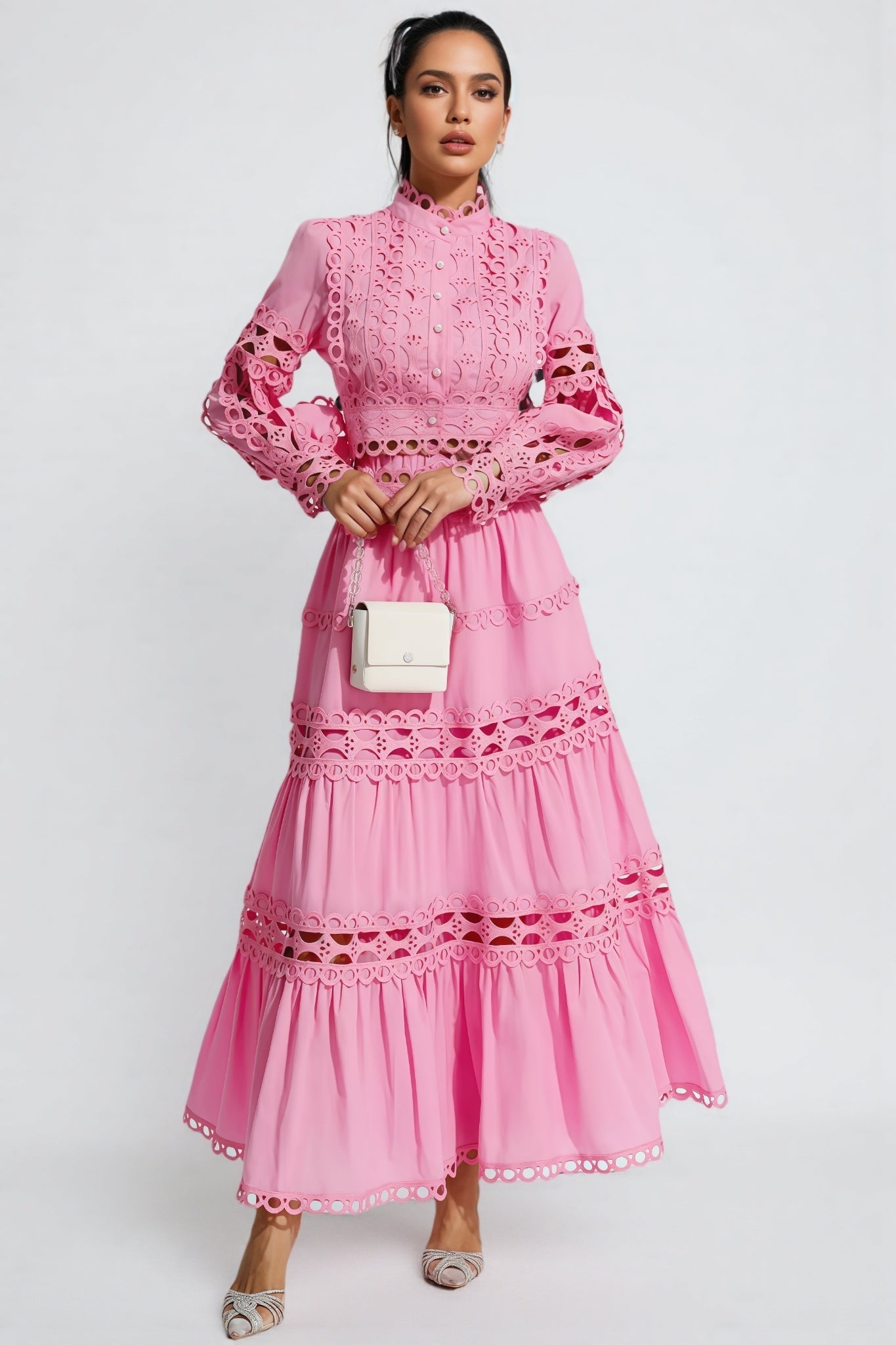 Kyrag Pink Lace Hollow Maxi Dress Set - View 2