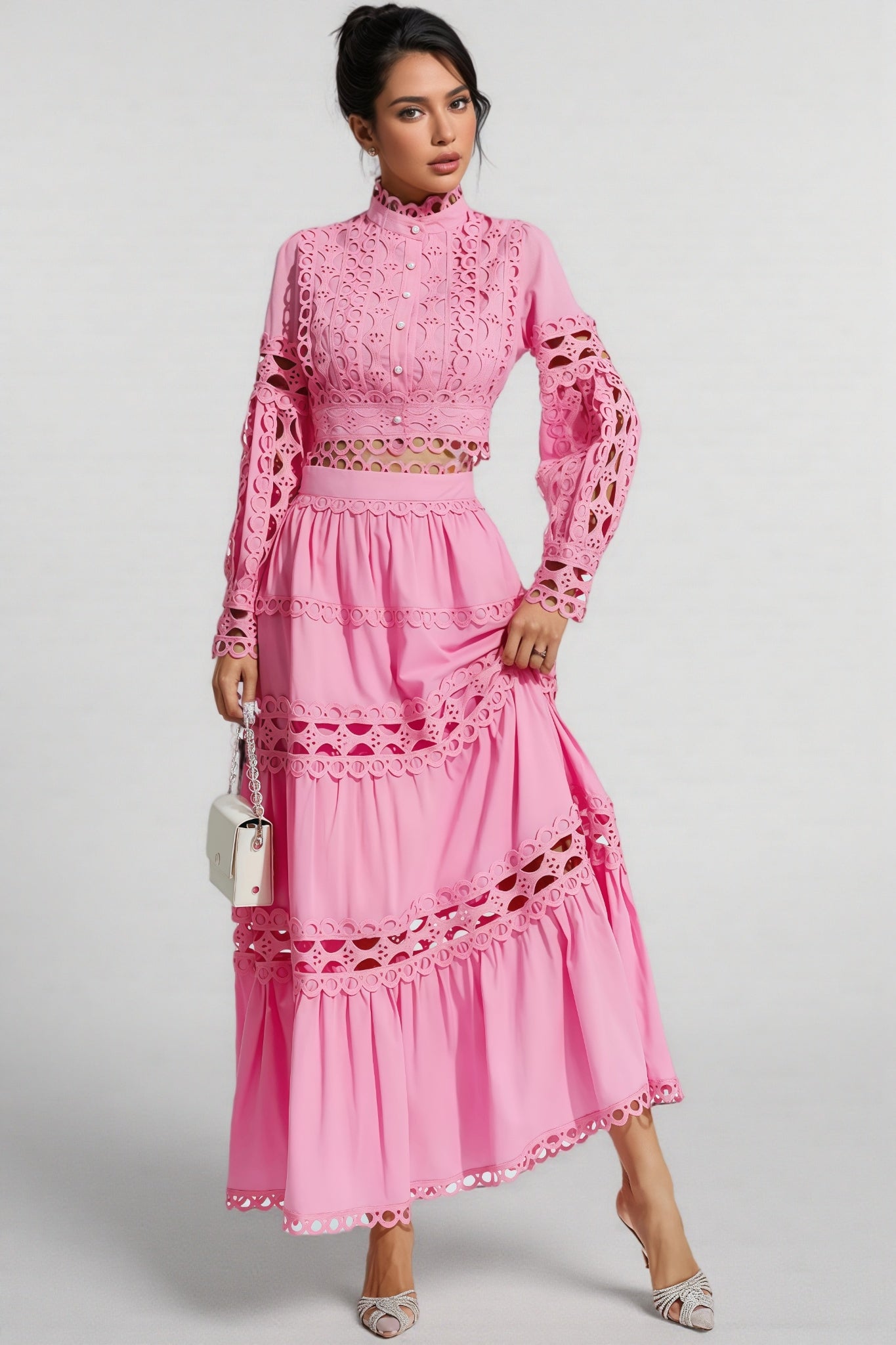 Kyrag Pink Lace Hollow Maxi Dress Set - View 6