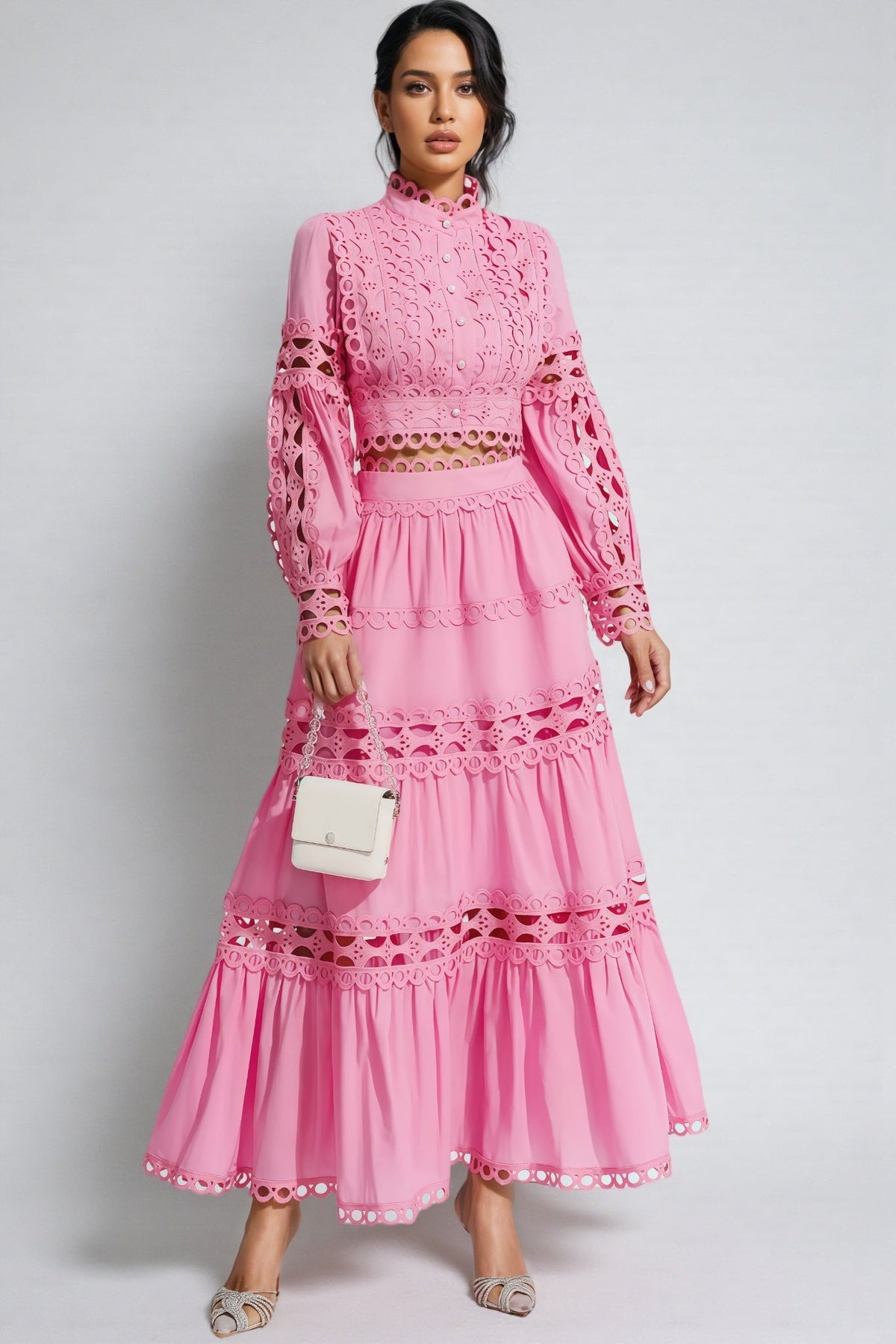 Mock Neck Lantern Sleeve Cut Out Lace Top and Tiered Maxi Skirt Two Piece Set