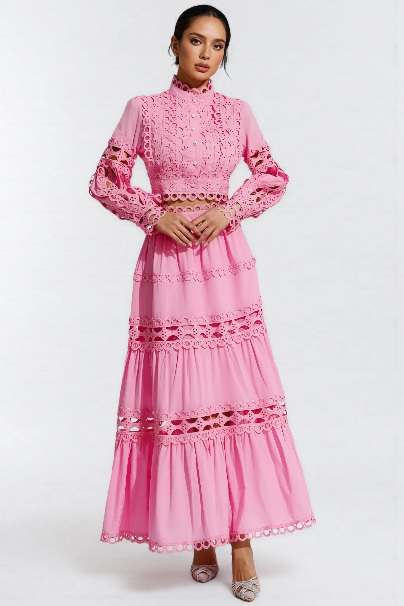 Kyrag Pink Lace Hollow Maxi Dress Set - View 3