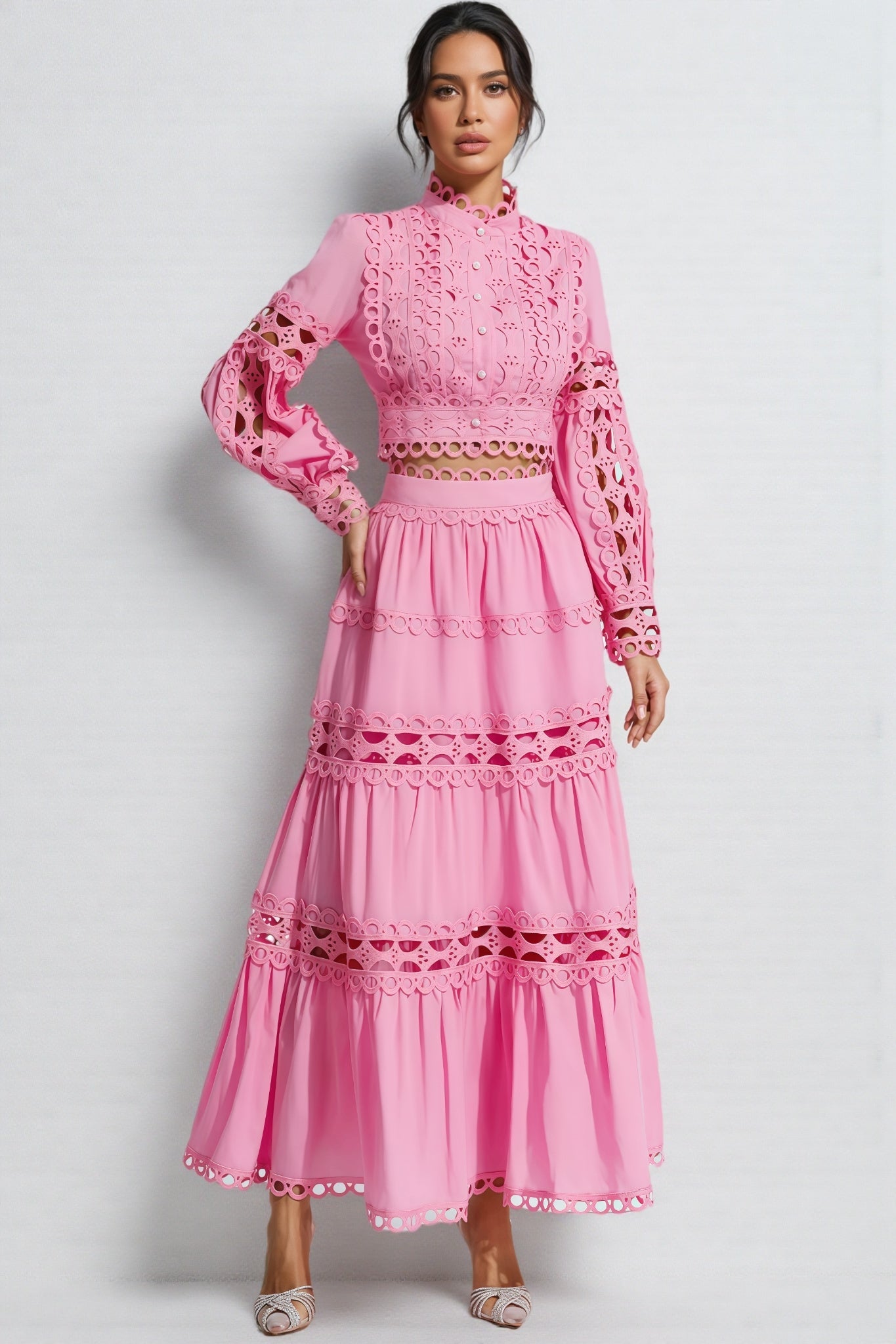 Kyrag Pink Lace Hollow Maxi Dress Set - View 5