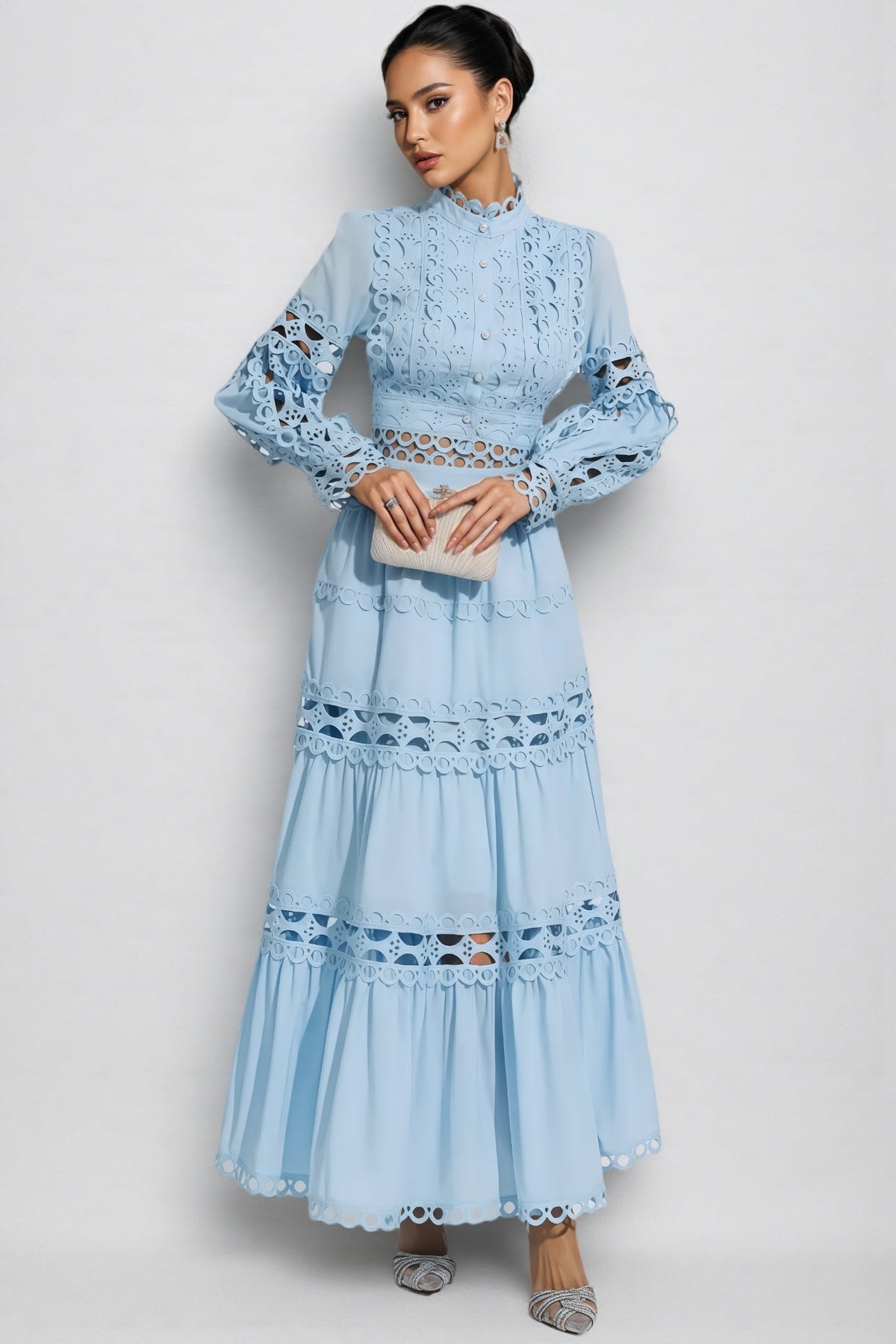 Mock Neck Lantern Sleeve Cut Out Lace Top and Tiered Maxi Skirt Two Piece Set 2