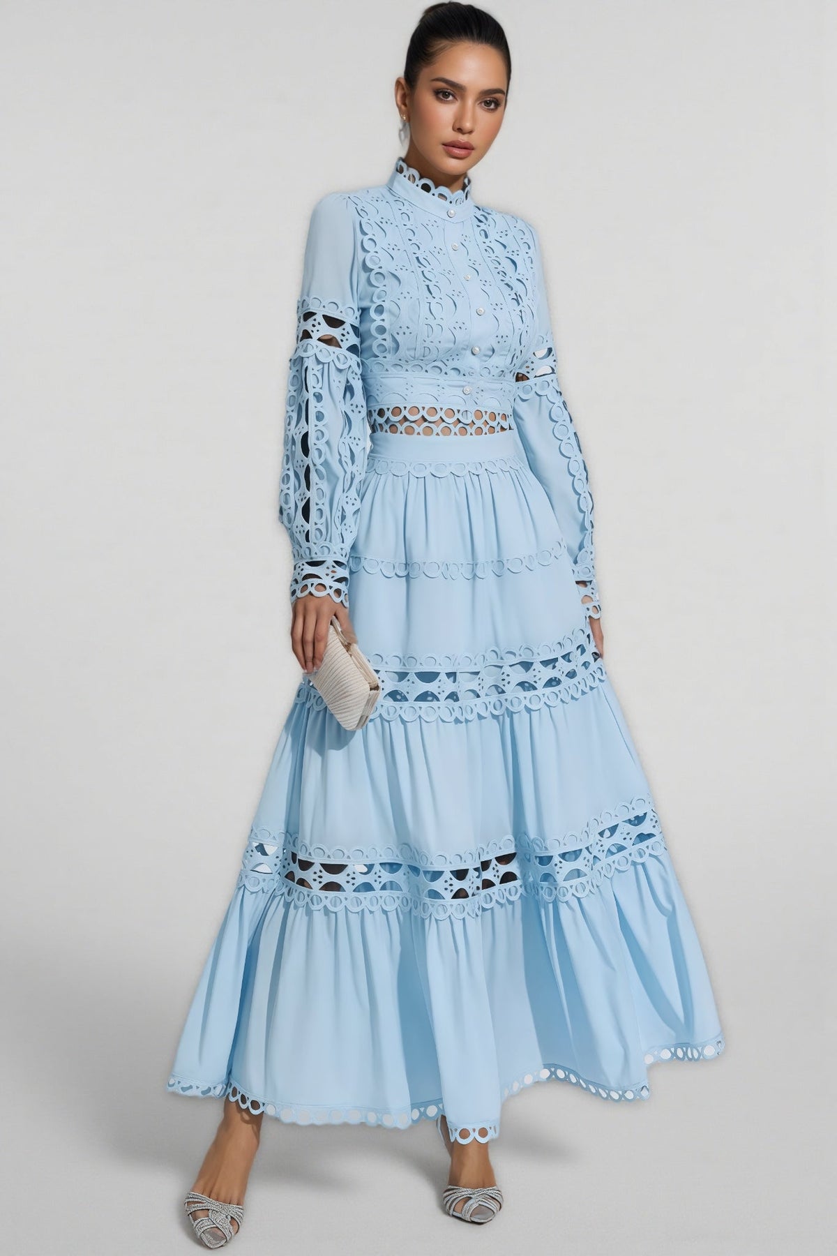 Mock Neck Lantern Sleeve Cut Out Lace Top and Tiered Maxi Skirt Two Piece Set