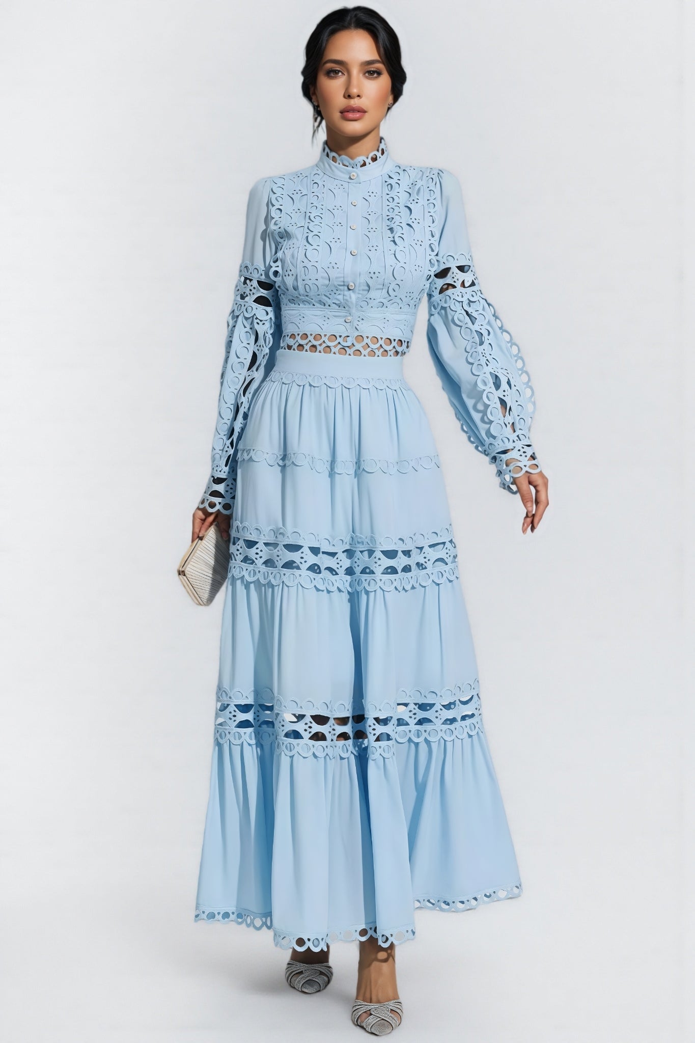 Lysd Blue Lace Hollow Maxi Dress Set - View 7
