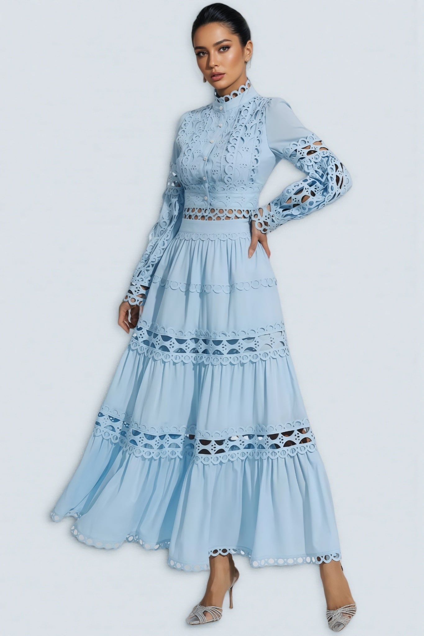 Lysd Blue Lace Hollow Maxi Dress Set - View 5