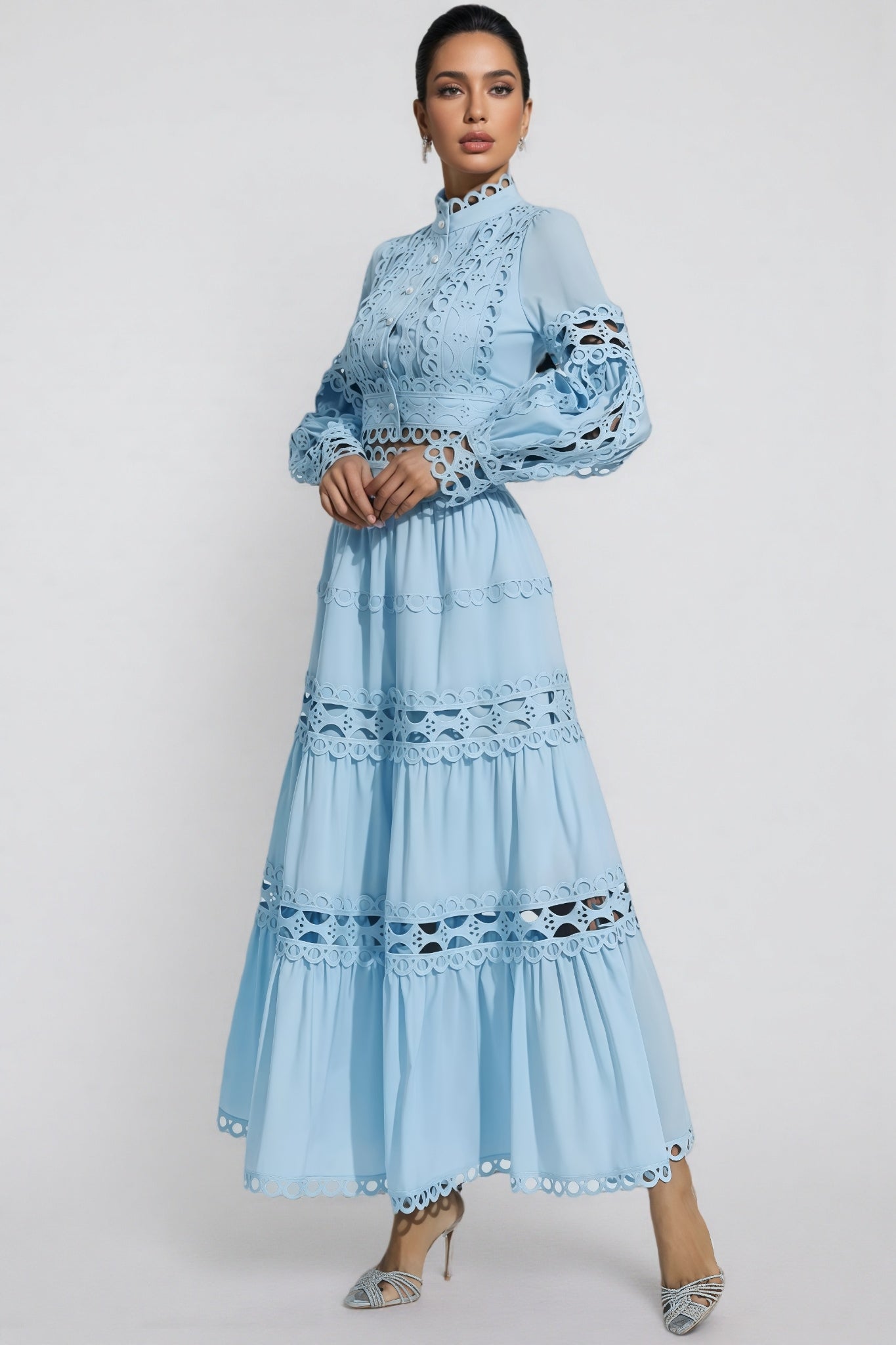 Lysd Blue Lace Hollow Maxi Dress Set - View 4