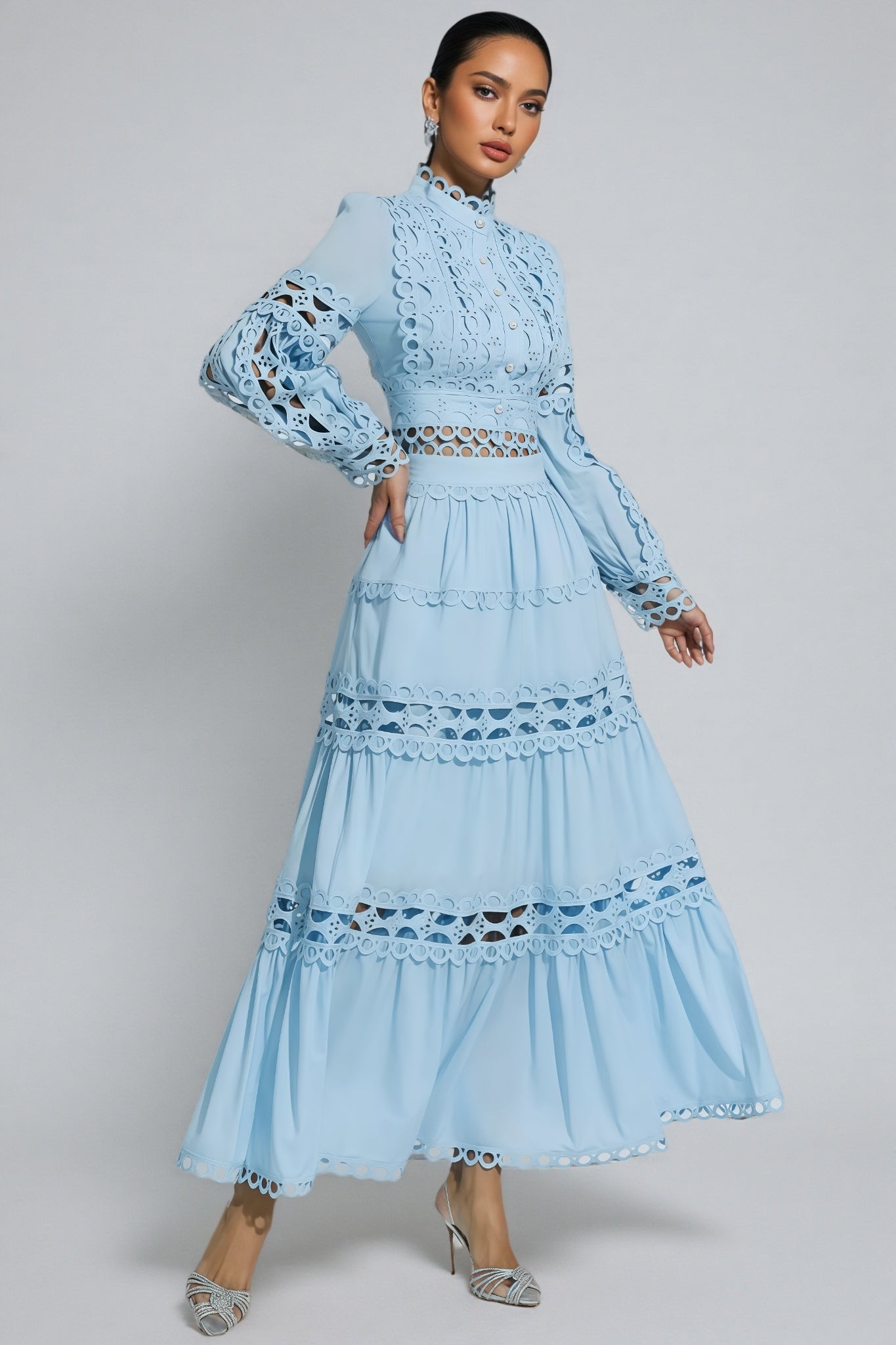 Lysd Blue Lace Hollow Maxi Dress Set - View 6