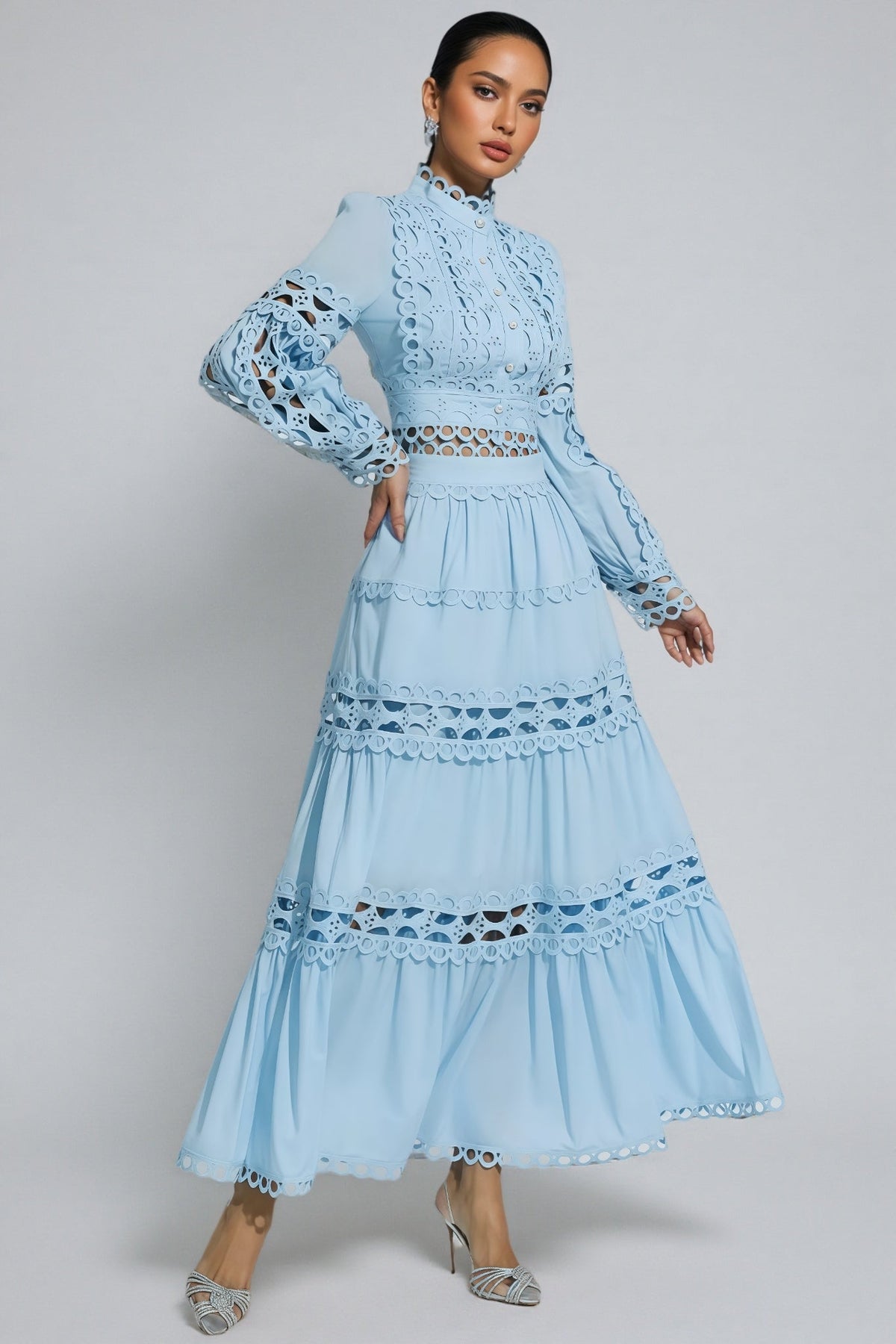 Mock Neck Lantern Sleeve Cut Out Lace Top and Tiered Maxi Skirt Two Piece Set 6