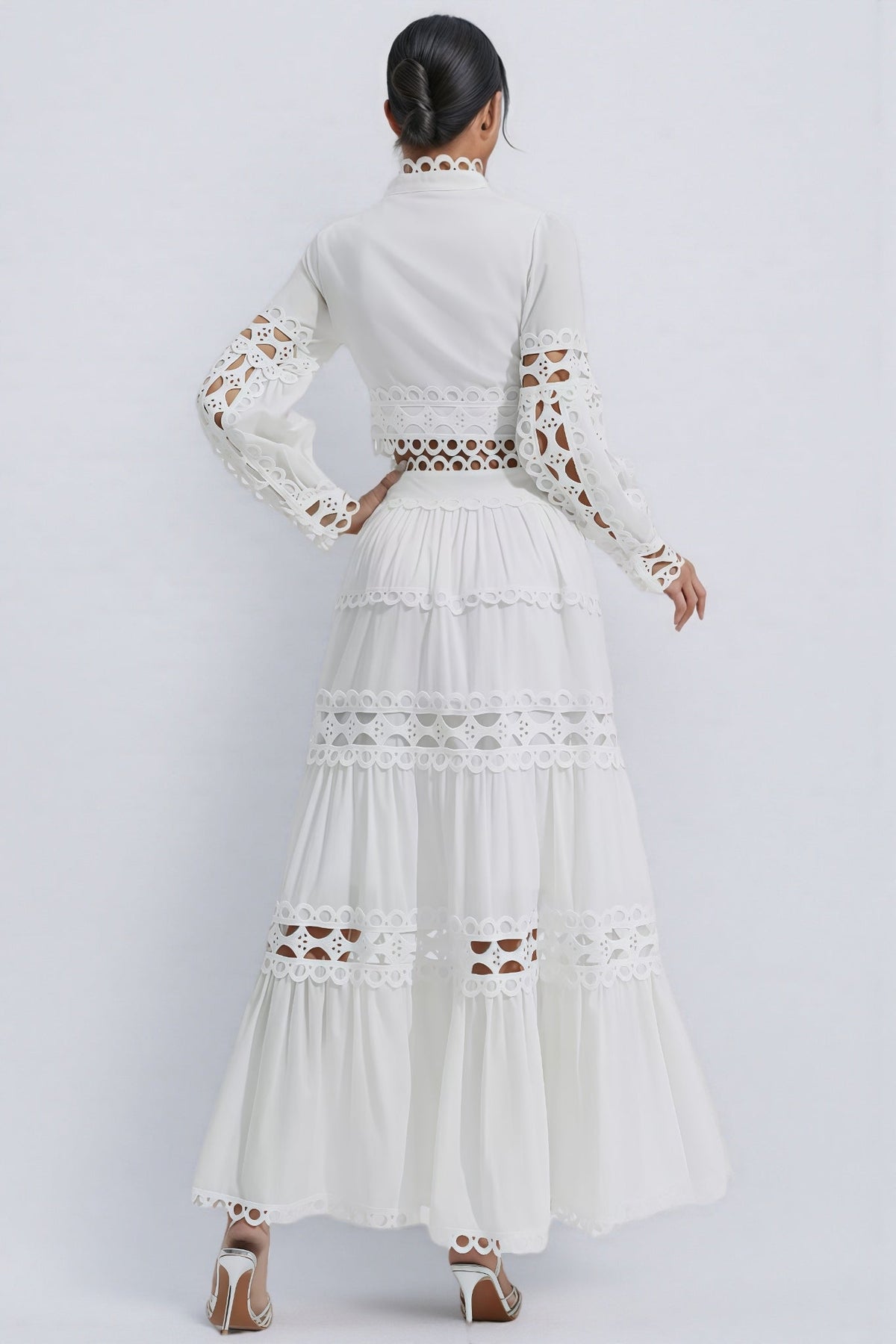 Mock Neck Lantern Sleeve Cut Out Lace Top and Tiered Maxi Skirt Two Piece Set 6