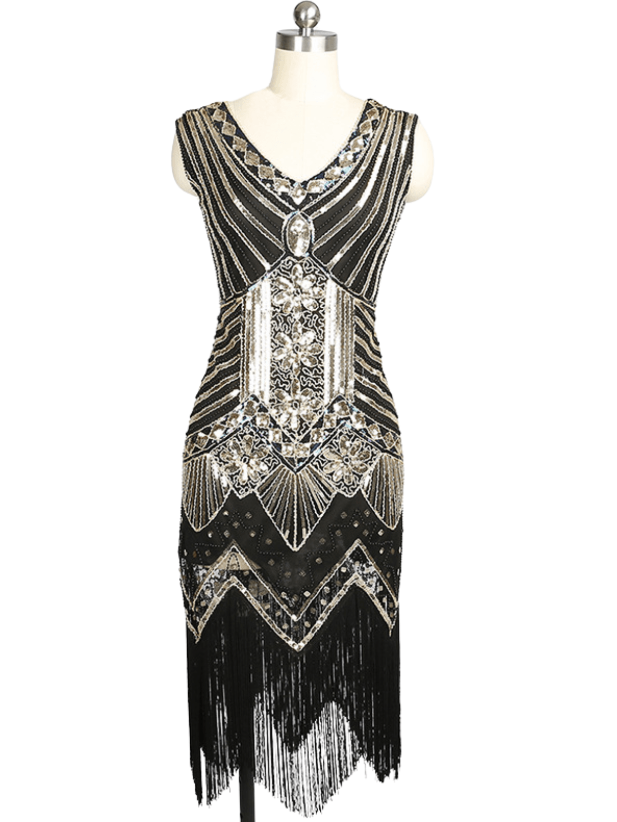 Deep V-Neck Sleeveless Sequin Beaded Fringe Cocktail Dress