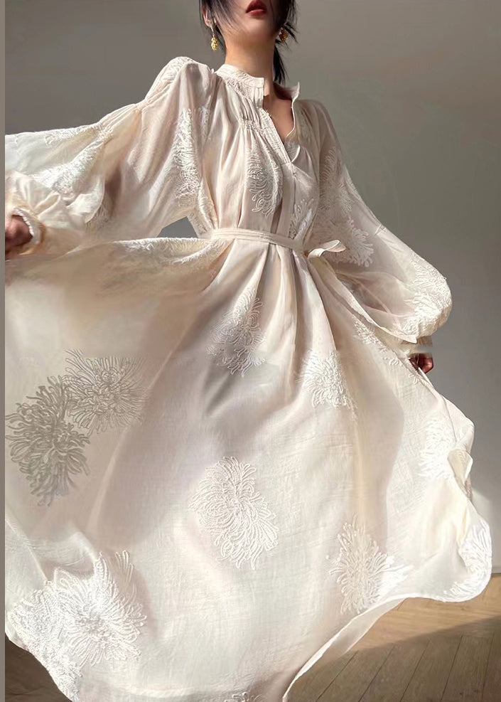 Chiffon Embroidered Floral Mandarin Collar Balloon Sleeve Maxi Dress