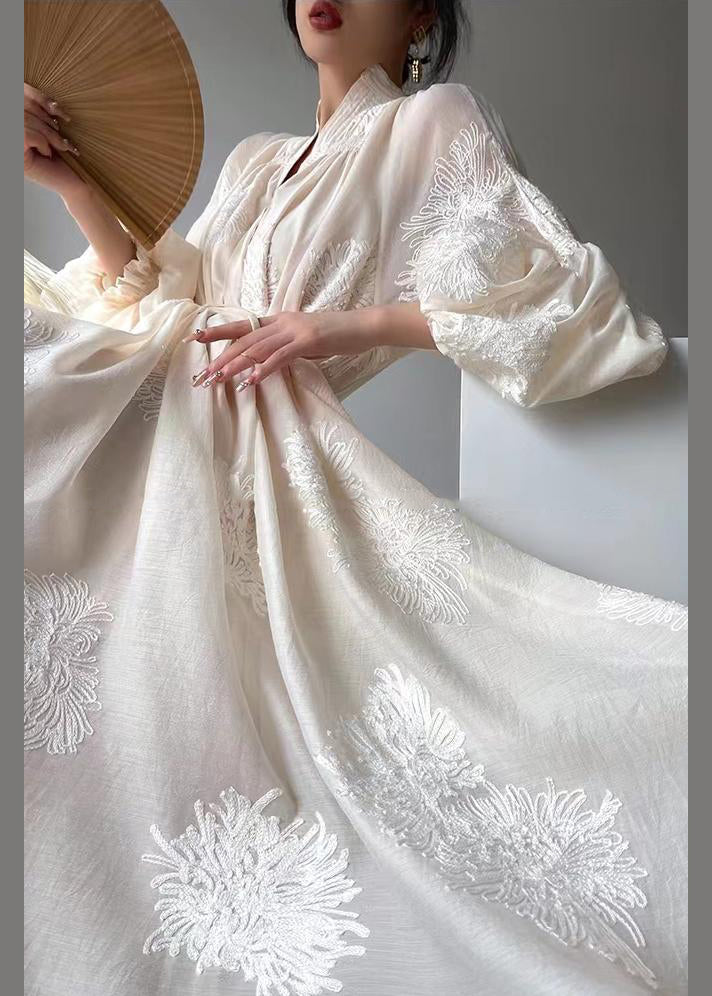 Chiffon Embroidered Floral Mandarin Collar Balloon Sleeve Maxi Dress