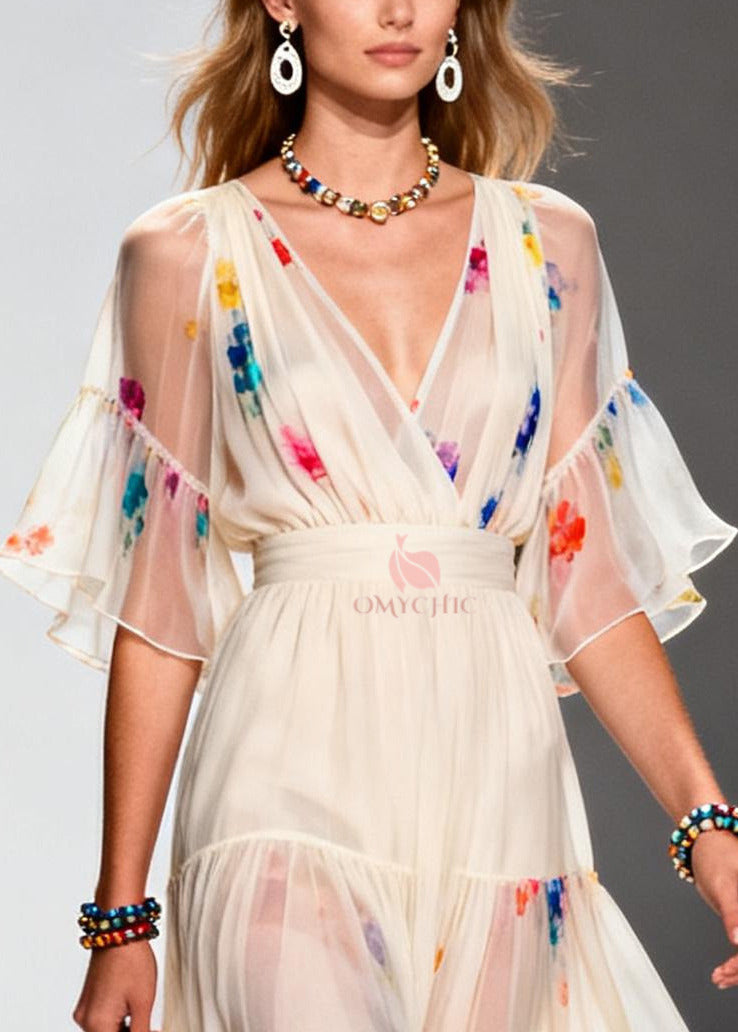 Floral Print V-Neck Wrap Bodice Flutter Sleeve Tiered Chiffon Midi Dress