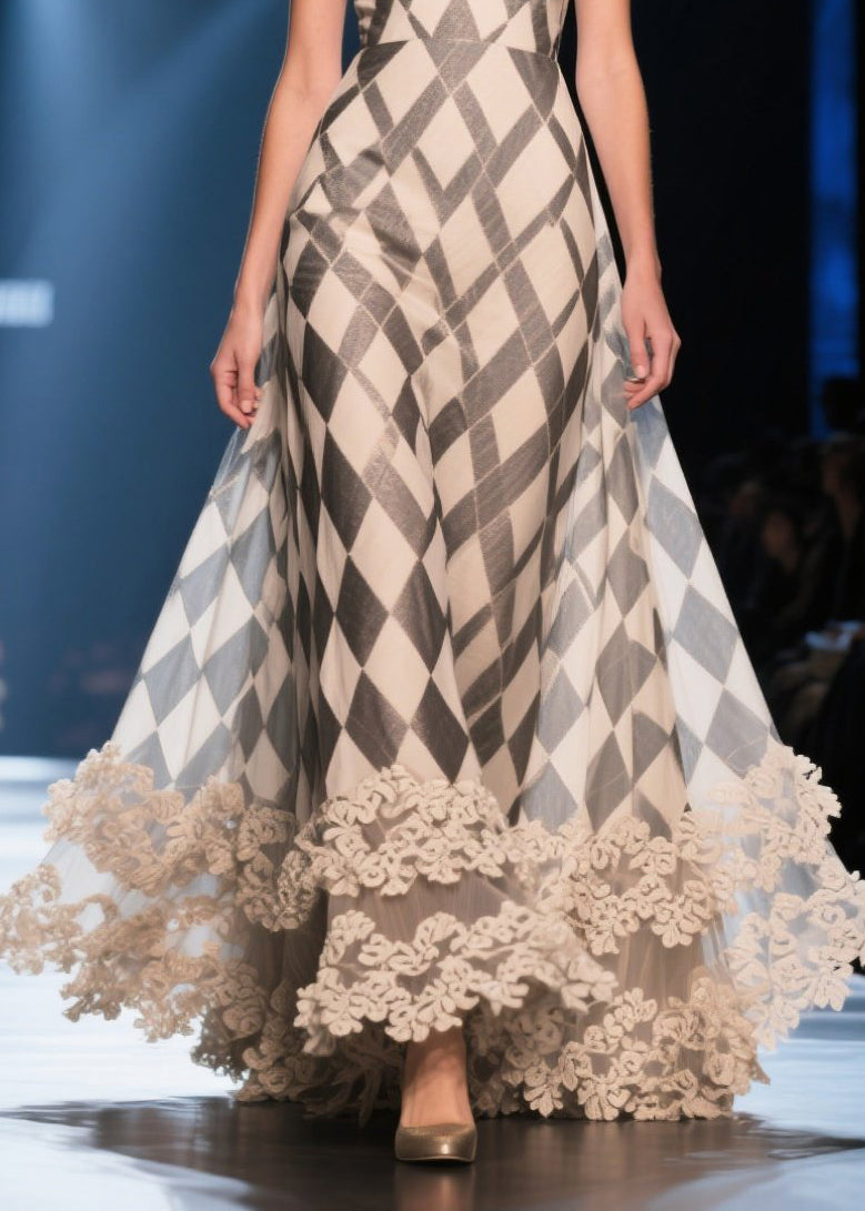 Argyle Print Deep V-Neck Spaghetti Strap Scalloped Lace Hem Maxi Gown
