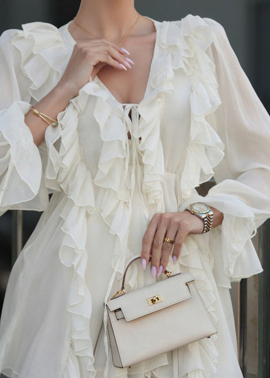 Boutique Apricot V Neck Ruffled Lace Up Chiffon Mini Dress Spring - View 5
