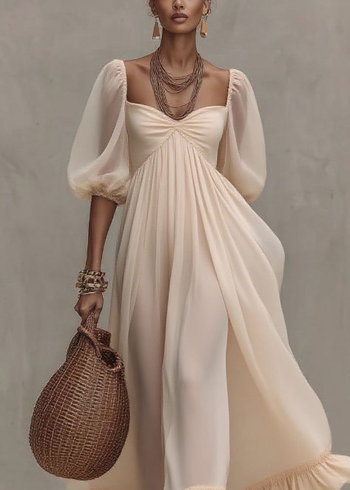 Boutique Beige Ruffled Puff Sleeve Patchwork Chiffon Dresses 2