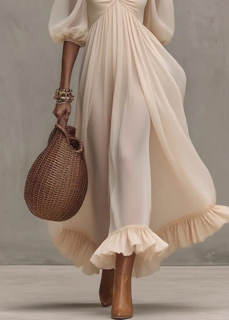 Boutique Beige Ruffled Puff Sleeve Patchwork Chiffon Dresses 4