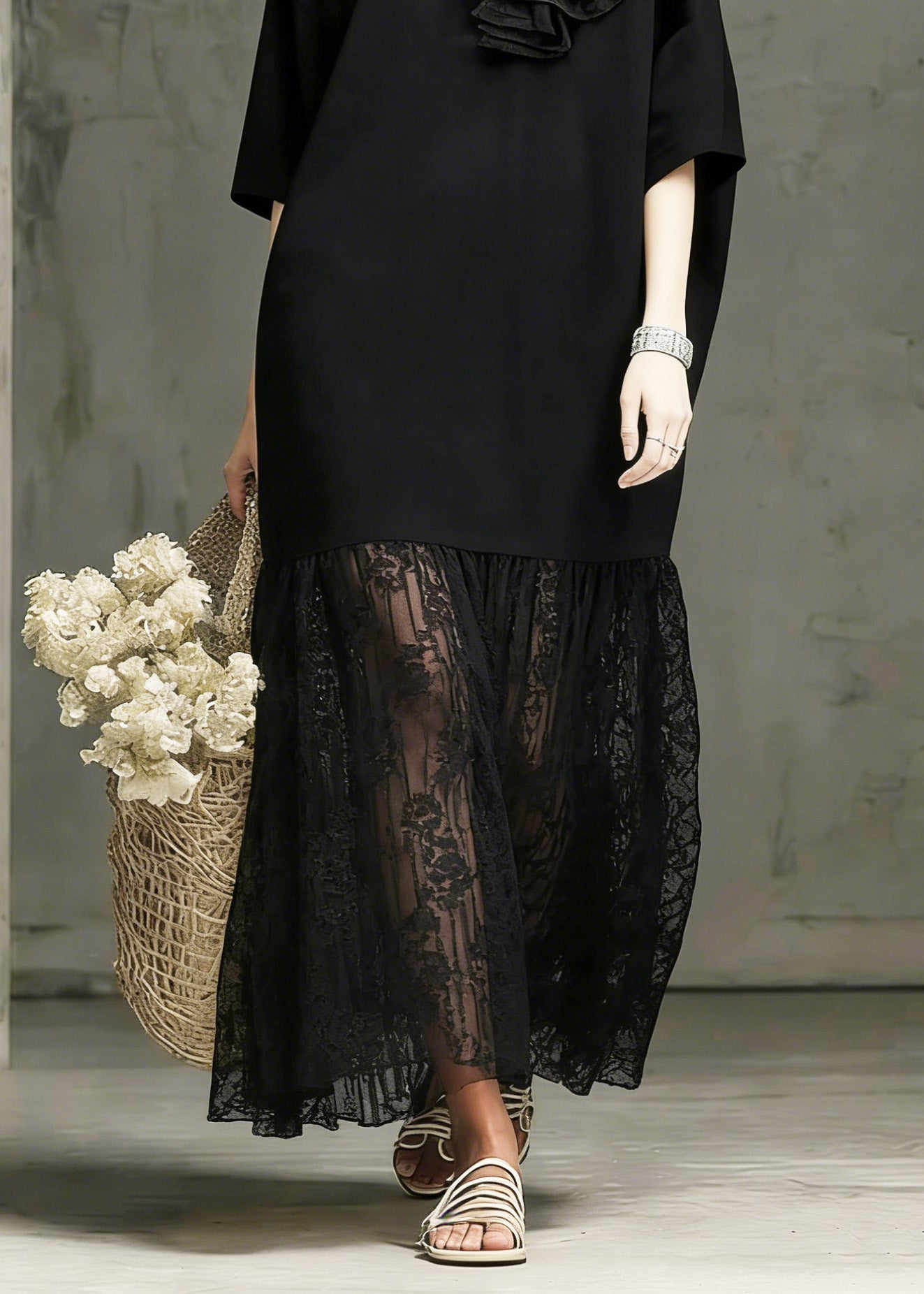 Floral Applique Round Neck Lace Panel 3/4 Sleeve Midi Dress