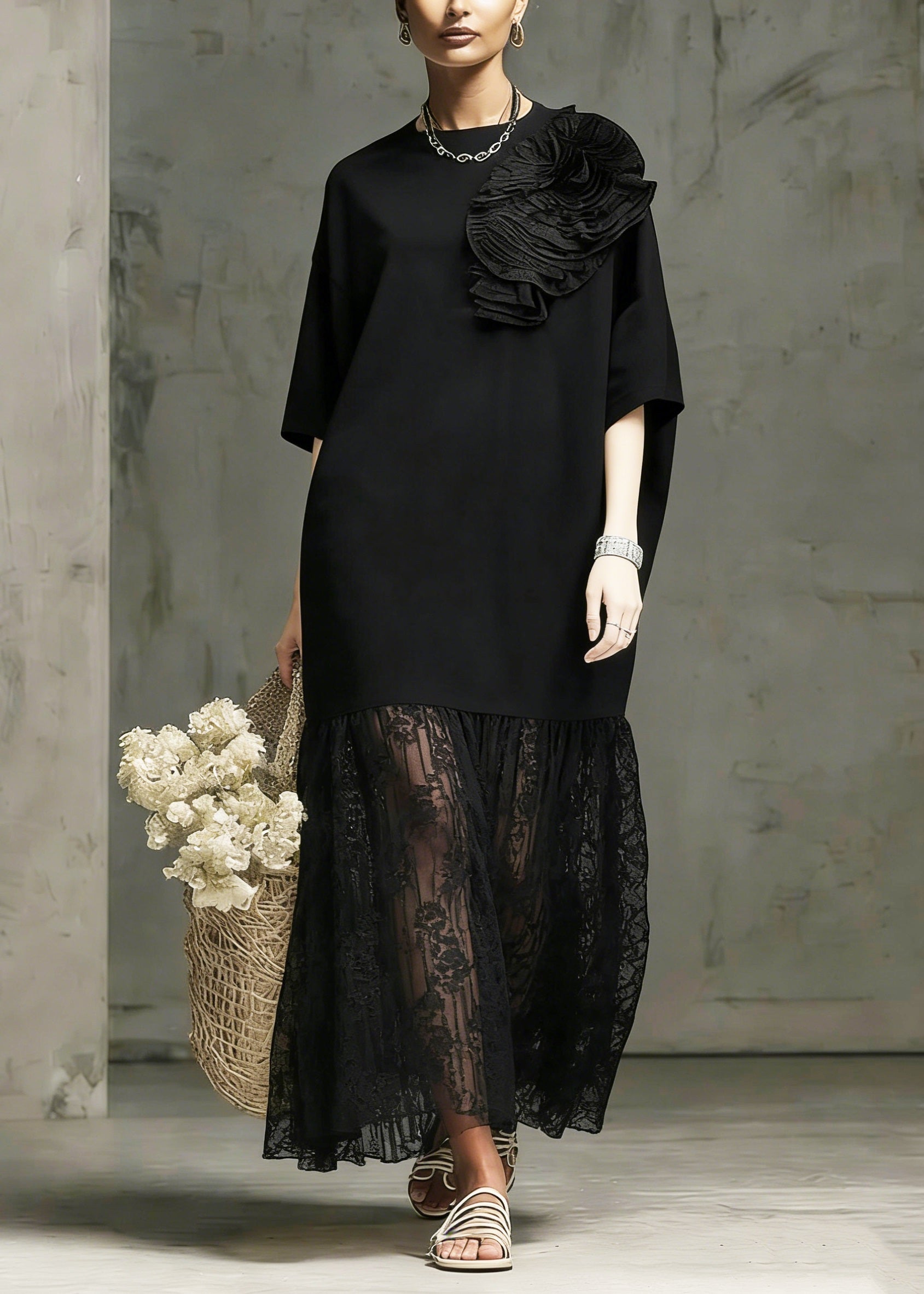 Floral Applique Round Neck Lace Panel 3/4 Sleeve Midi Dress