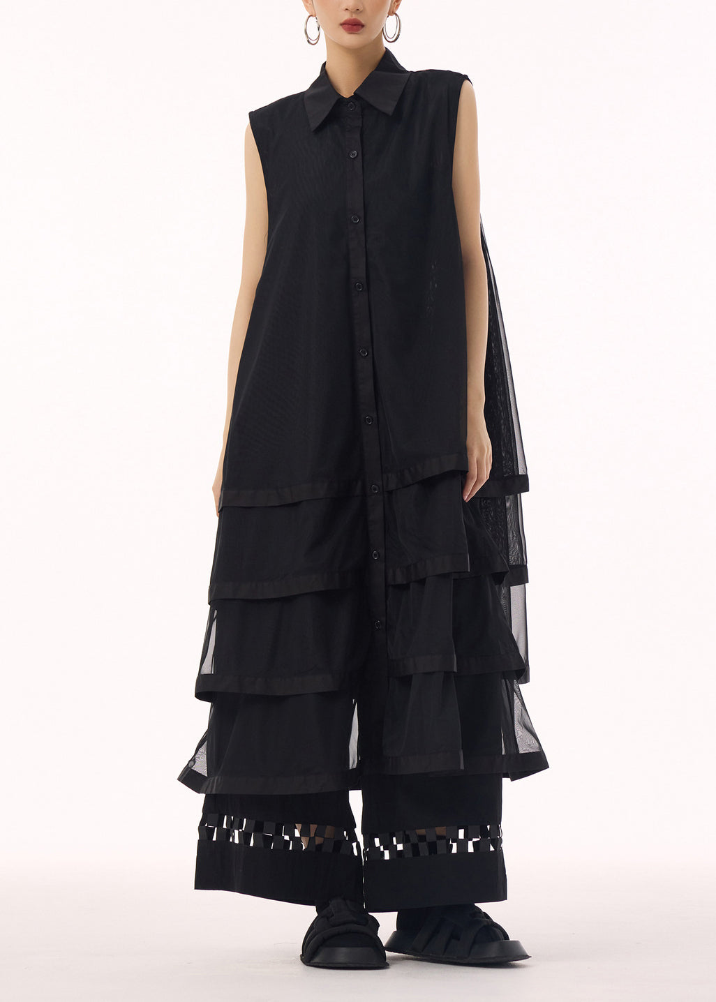 Button Down Sleeveless Tiered Mesh Oversized Top Lattice Hem Wide Leg Pants Two Piece Set