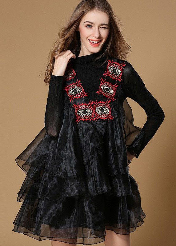 Organza Ruffle Overlay Mock Neck Long Sleeve Embroidered Tiered Mini Dress