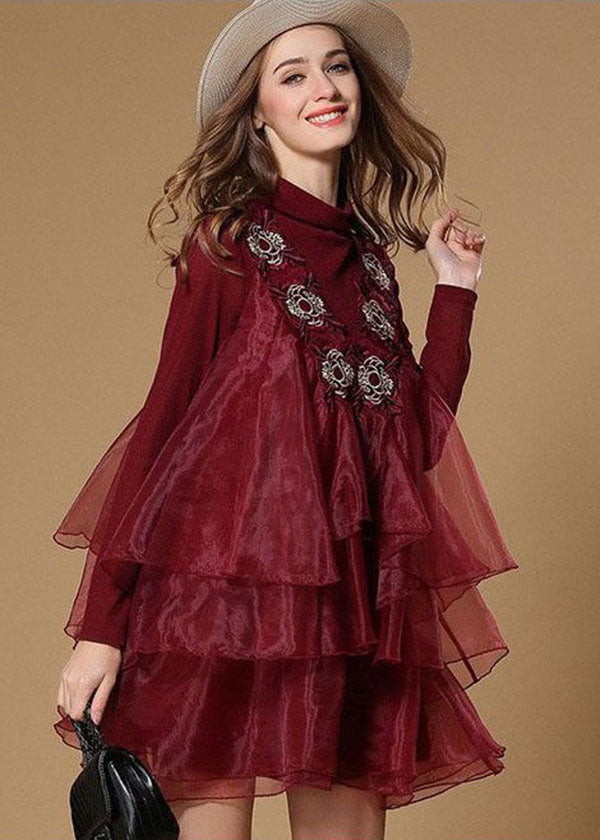 Organza Ruffle Overlay Mock Neck Long Sleeve Embroidered Tiered Mini Dress