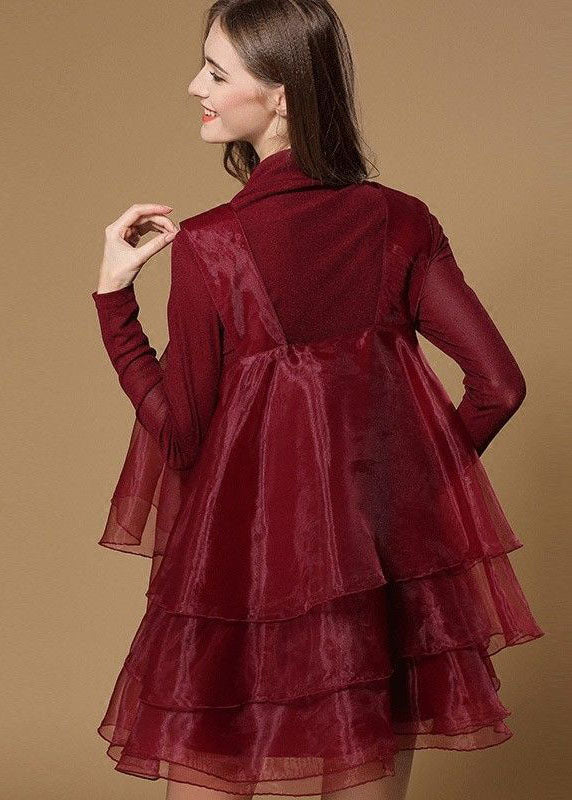 Organza Ruffle Overlay Mock Neck Long Sleeve Embroidered Tiered Mini Dress