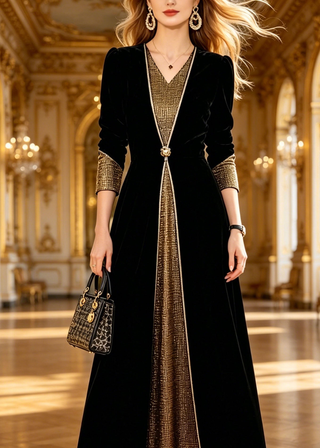 Velvet Long Sleeve V-Neck Metallic Panel Button Waist Overlay Maxi Dress