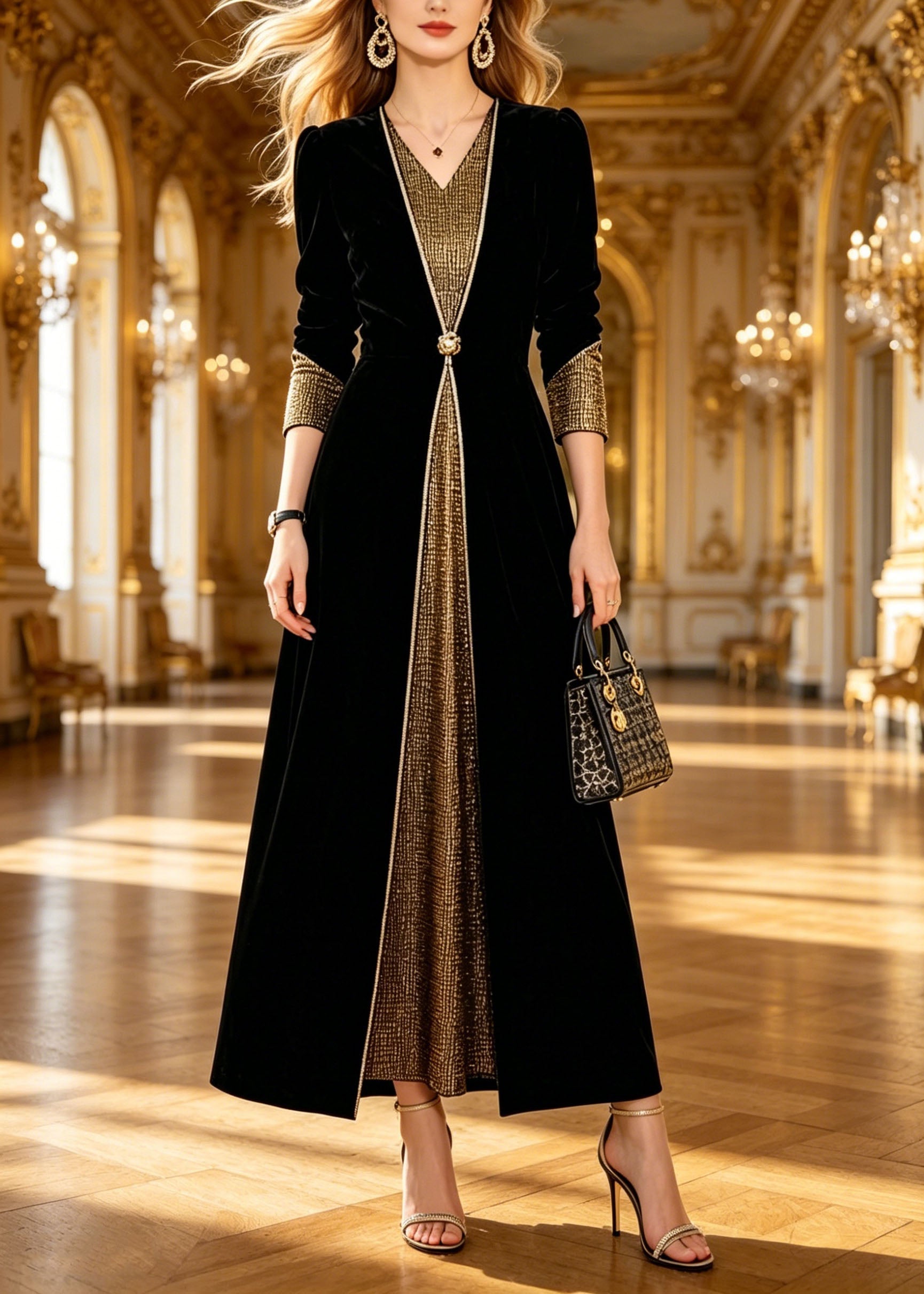 Velvet Long Sleeve V-Neck Metallic Panel Button Waist Overlay Maxi Dress