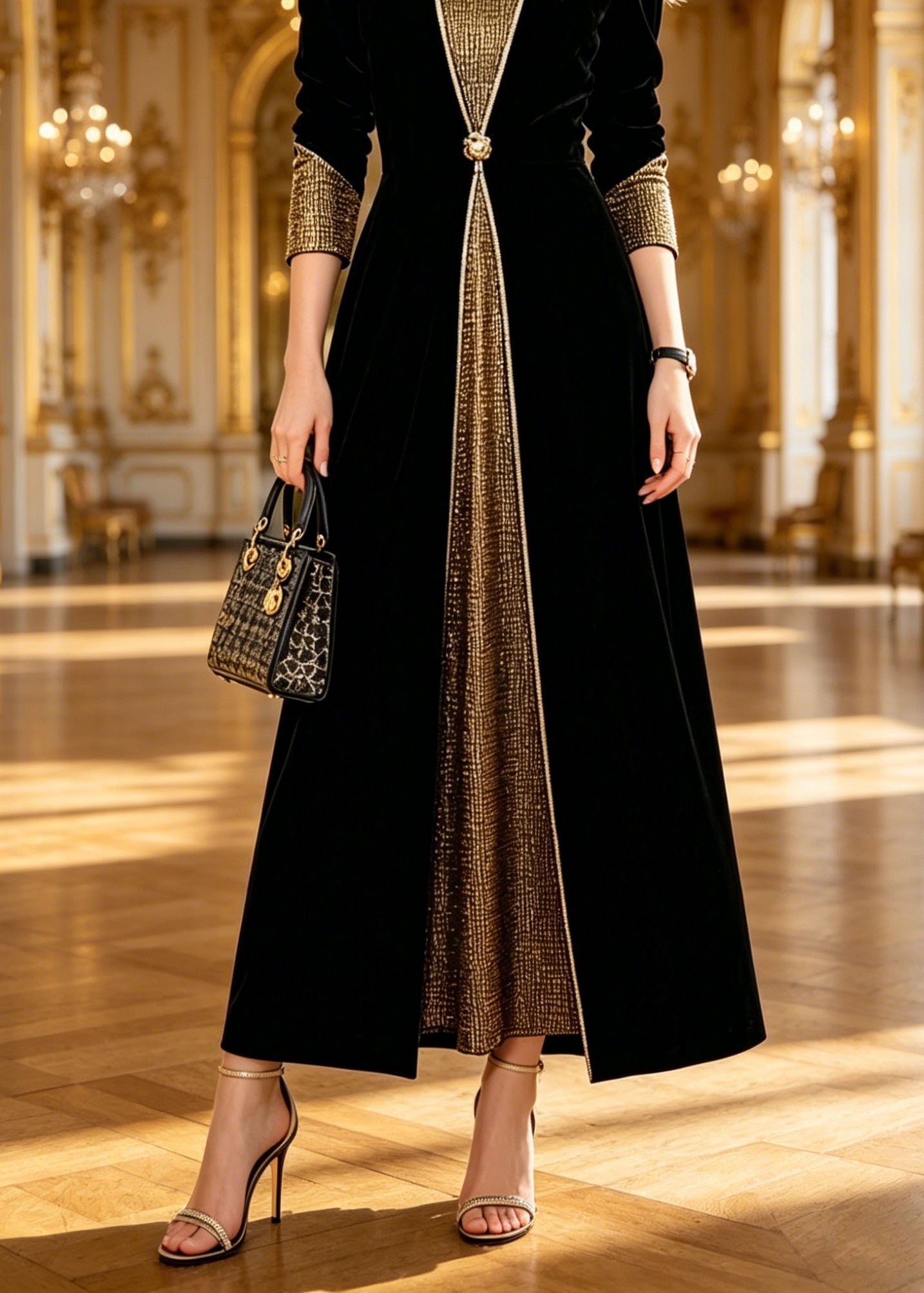 Velvet Long Sleeve V-Neck Metallic Panel Button Waist Overlay Maxi Dress