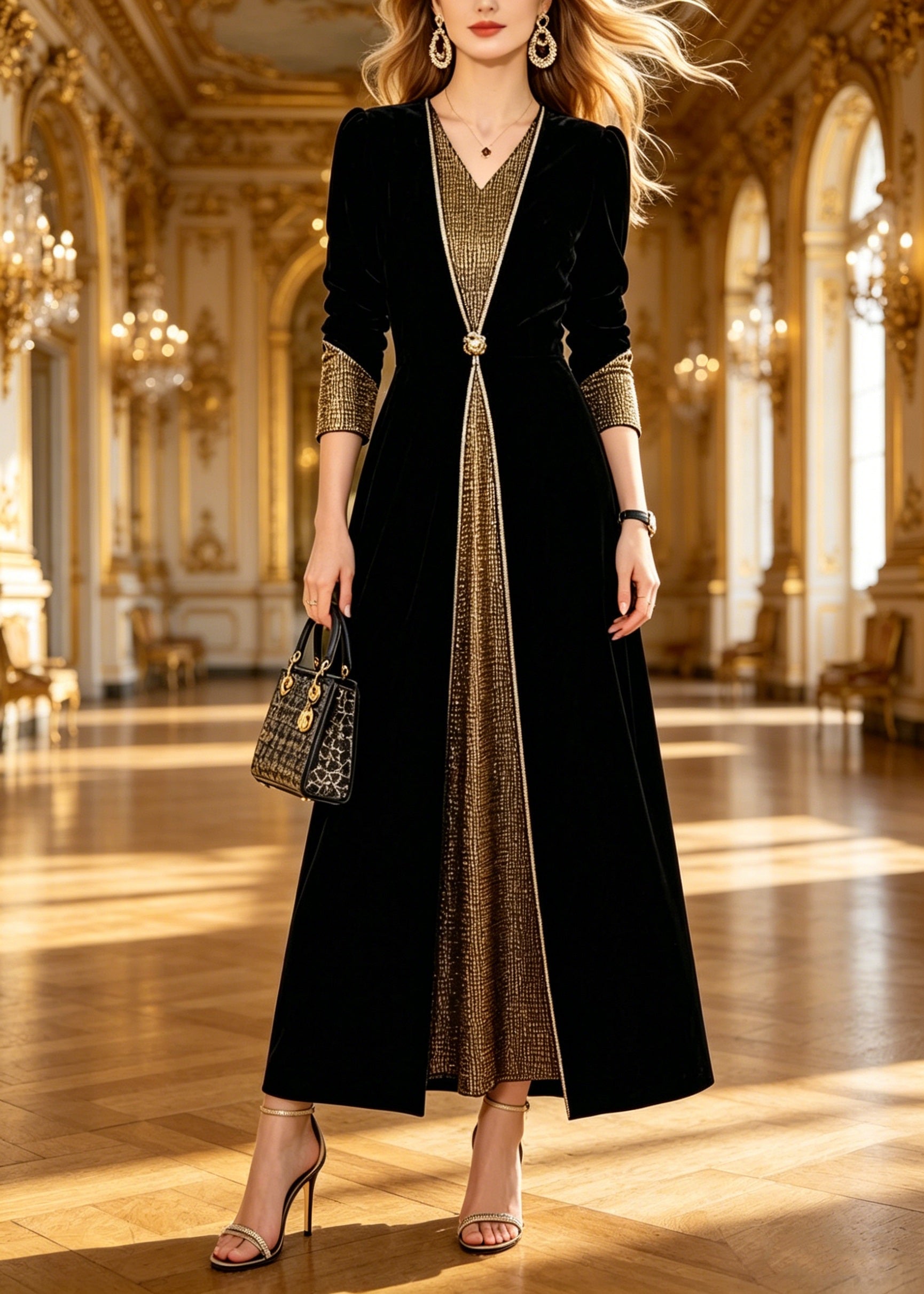 Velvet Long Sleeve V-Neck Metallic Panel Button Waist Overlay Maxi Dress