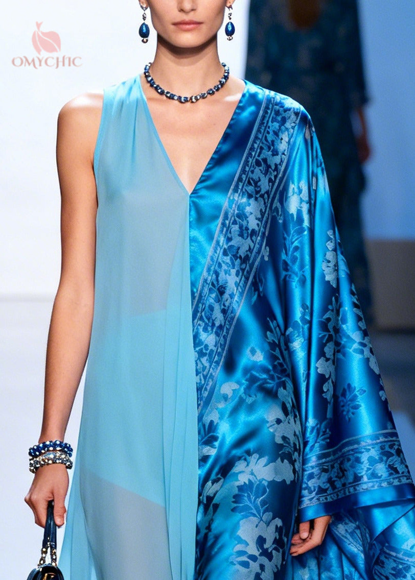 Asymmetric Deep V-Neck Floral Damask Cape Sleeve Sheer Panel Maxi Gown