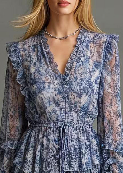 Boutique Blue Ruffled Print Chiffon Cinched Dresses Spring 2