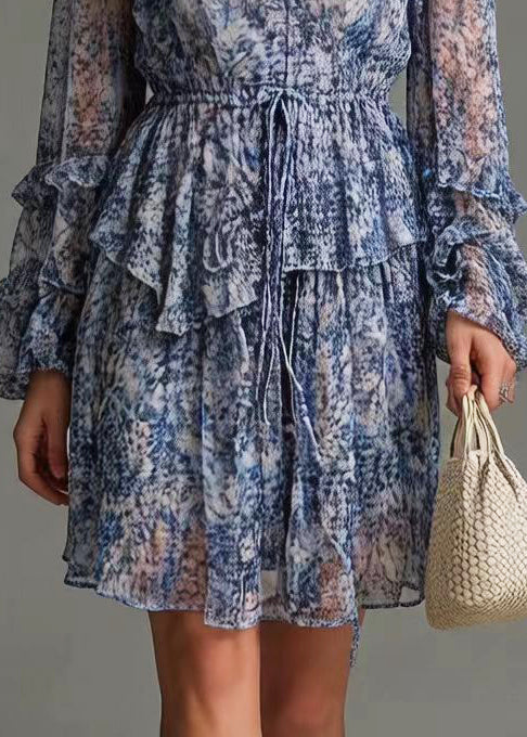 Boutique Blue Ruffled Print Chiffon Cinched Dresses Spring 4