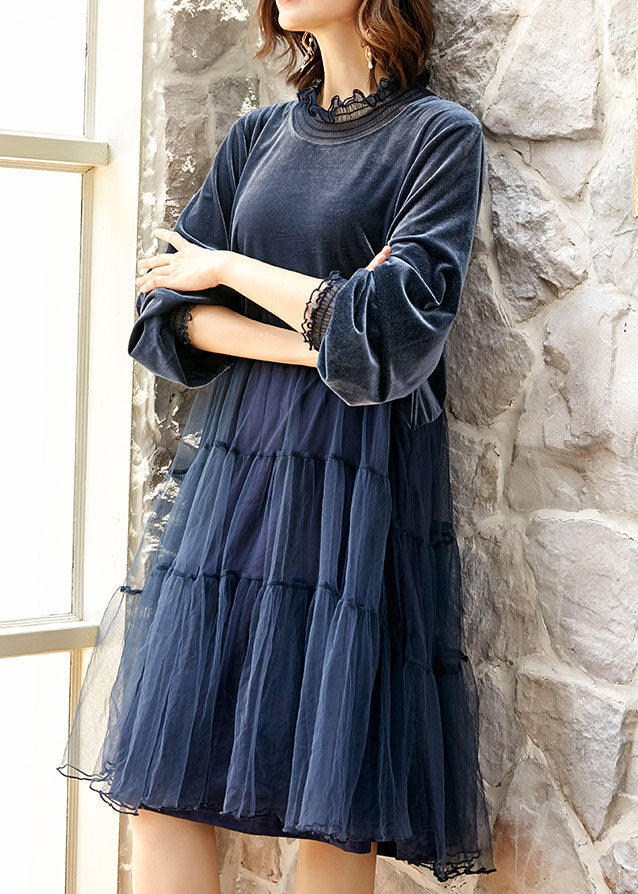 Boutique Blue Ruffled Tulle Patchwork Silk Velour Dress Spring - View 2