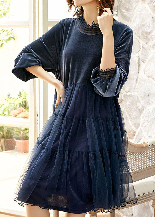Boutique Blue Ruffled Tulle Patchwork Silk Velour Dress Spring - View 3