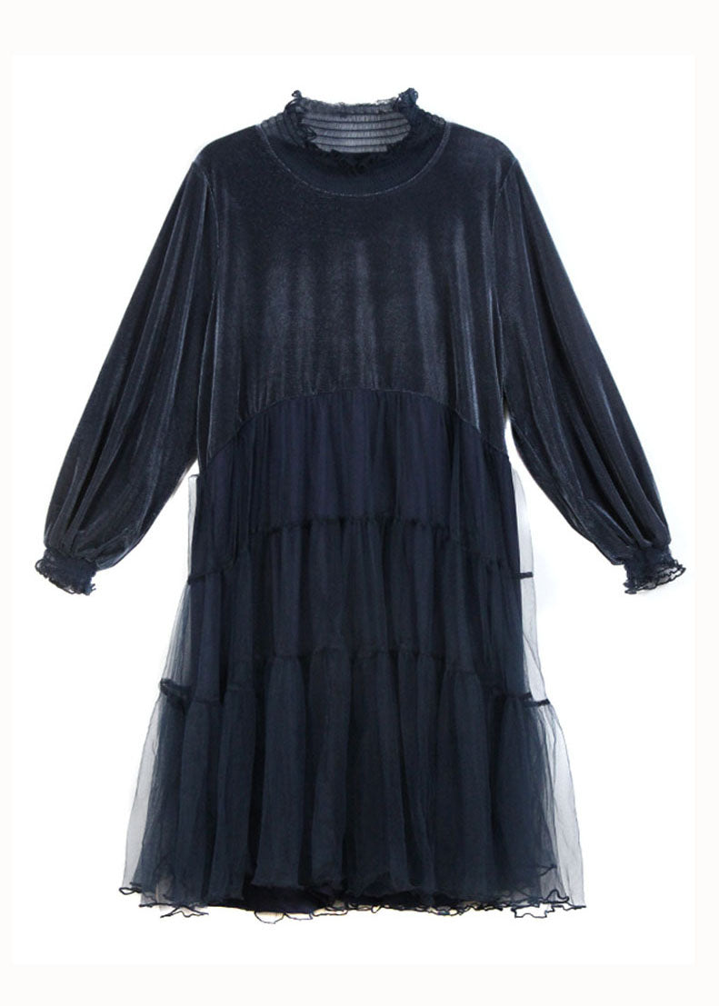 Boutique Blue Ruffled Tulle Patchwork Silk Velour Dress Spring - View 5