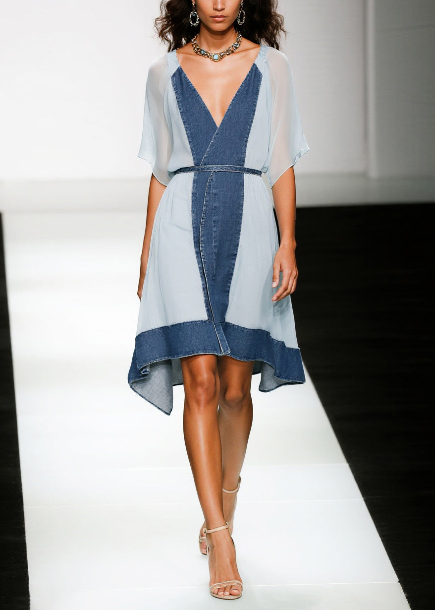 Denim Chiffon Patchwork V-Neck Flutter Sleeve Wrap High Low Tea Dress