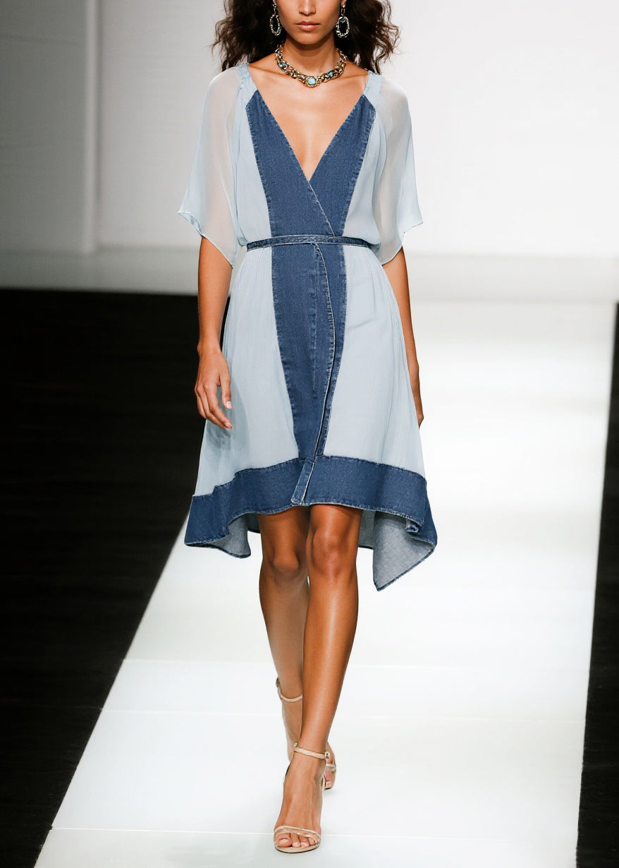 Denim Chiffon Patchwork V-Neck Flutter Sleeve Wrap High Low Tea Dress