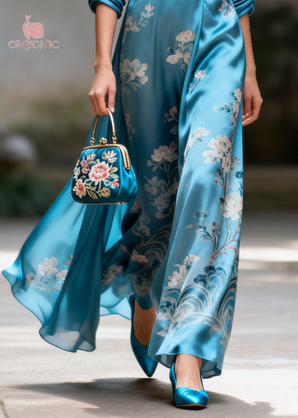 Satin Floral Deep V-Neck Batwing Sleeve Wrap Maxi Dress