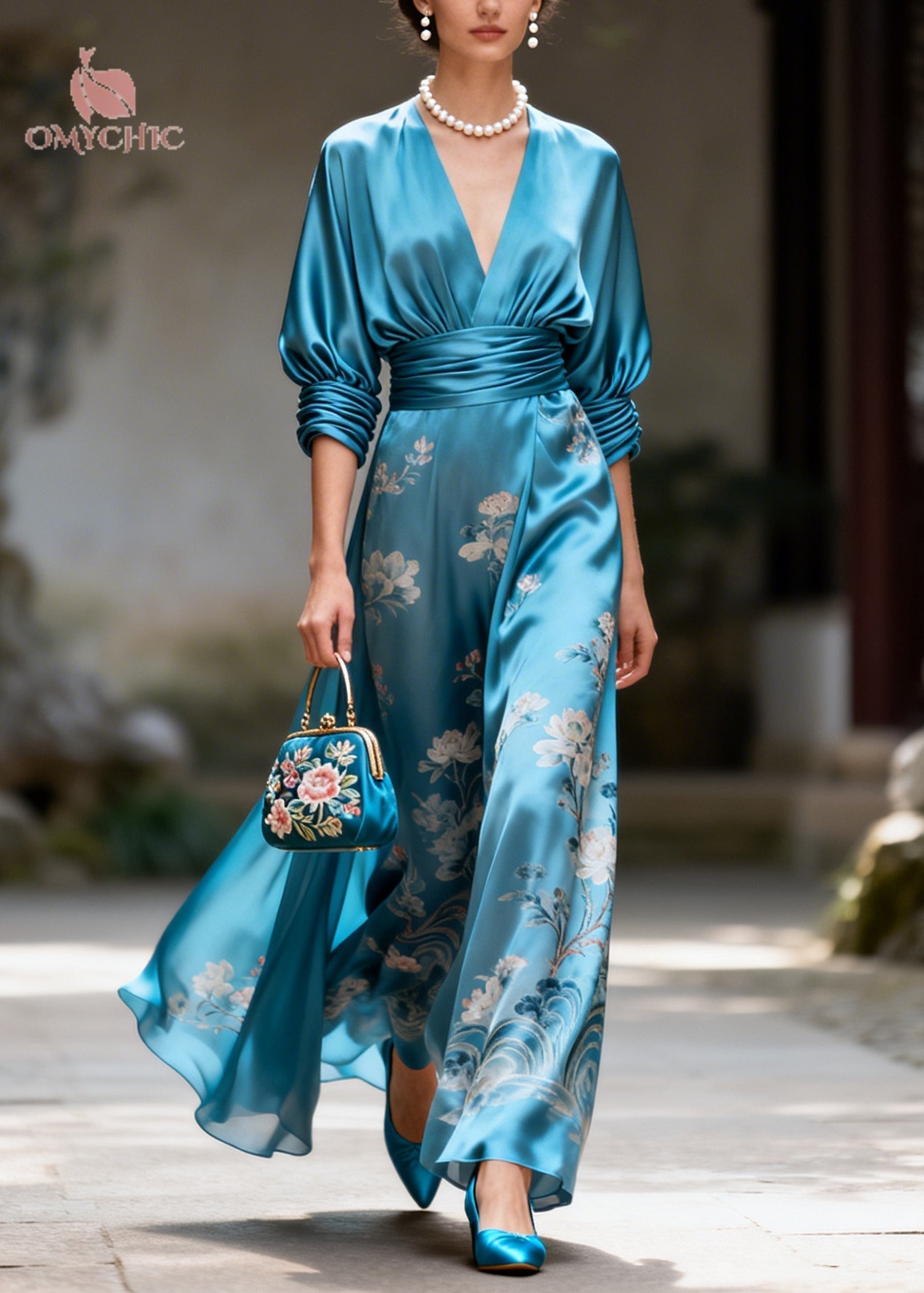 Satin Floral Deep V-Neck Batwing Sleeve Wrap Maxi Dress