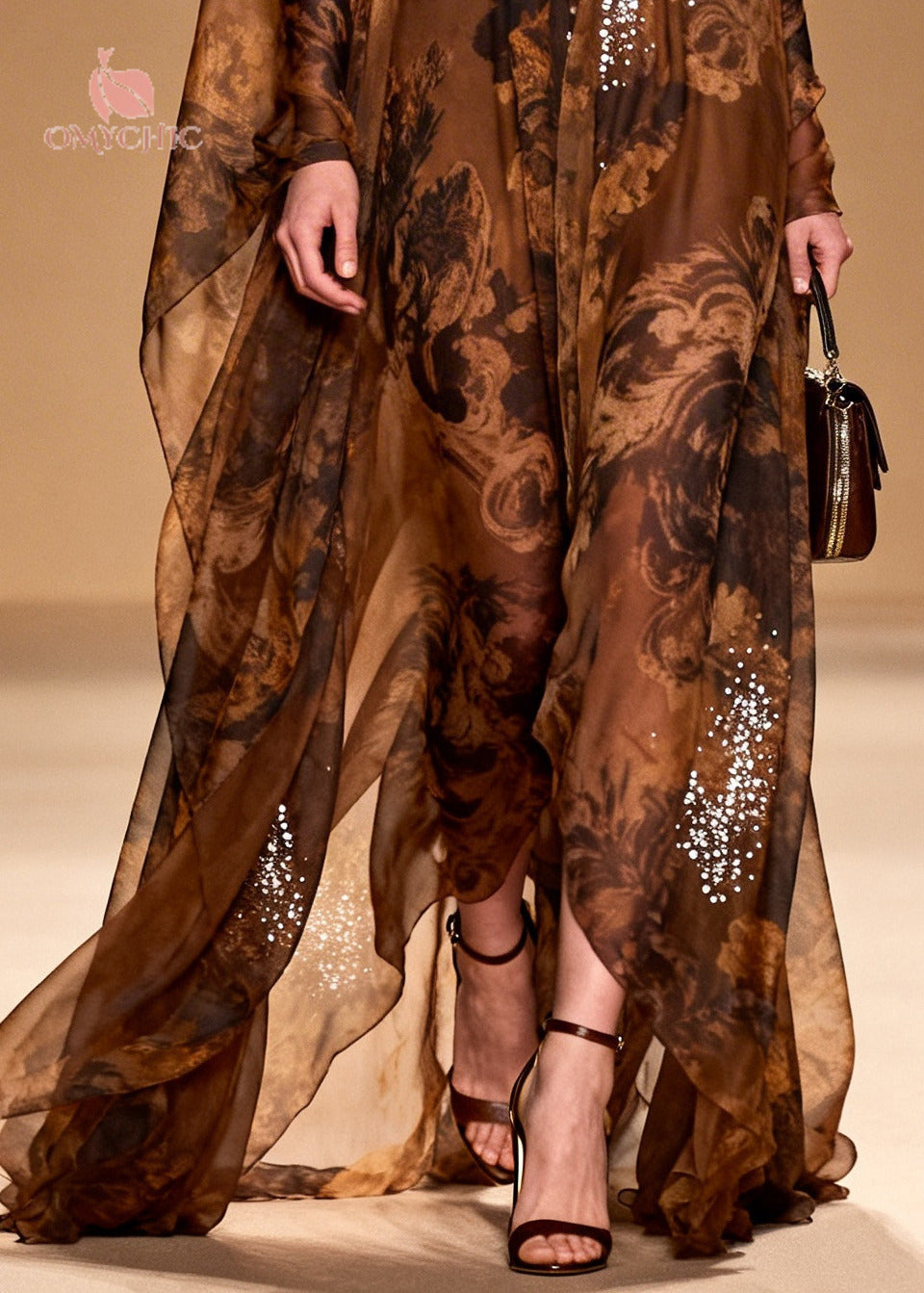 Sequin Floral Print Deep V-Neck Sheer Cape Panel Maxi Gown